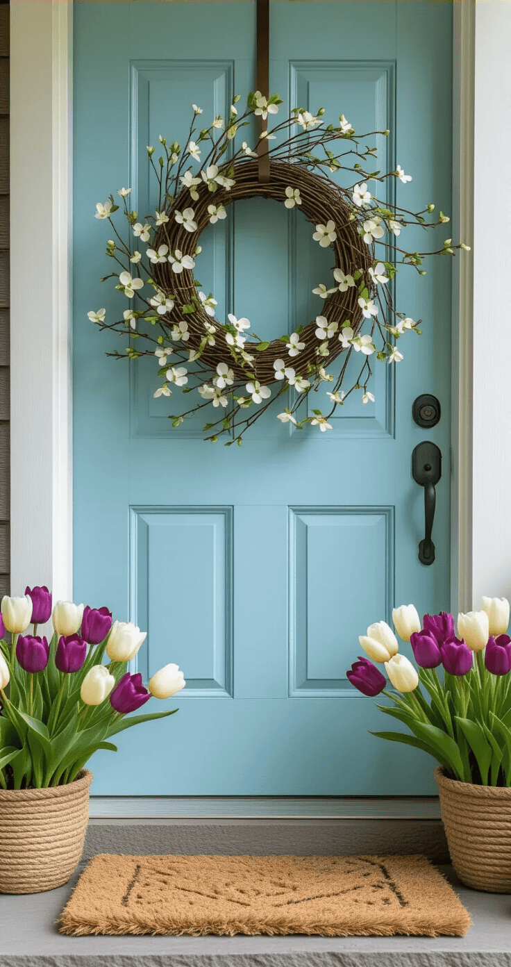 Your Front Door is Begging for a Spring Makeover—Here's Exactly How to Do It Close-up of a dogwood branch wreath on a robin's egg blue door, surrounded by spring elements, featuring a coir doormat on stone steps and tulip arrangements in deep purple and cream. Late afternoon light highlights the textures of the wreath and door.