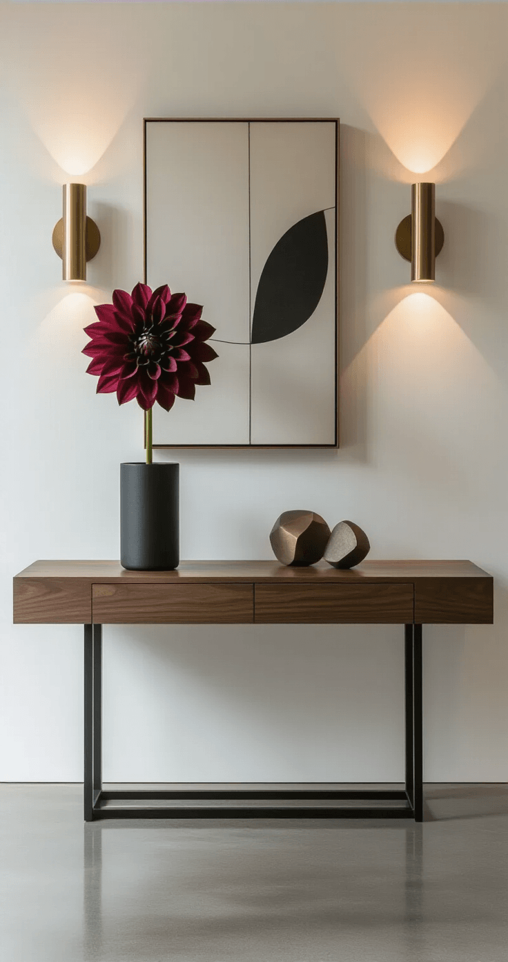 The Prettiest Flowers That'll Make Your Home Look Like a Million Bucks (Without Spending It) Modern minimalist entryway with a deep burgundy dahlia in a black ceramic vase on a floating walnut console, dramatic side lighting casting shadows, polished concrete floors, white textured walls, large abstract art piece, brass mirror, and sculptural objects, all captured from a slight upward angle.