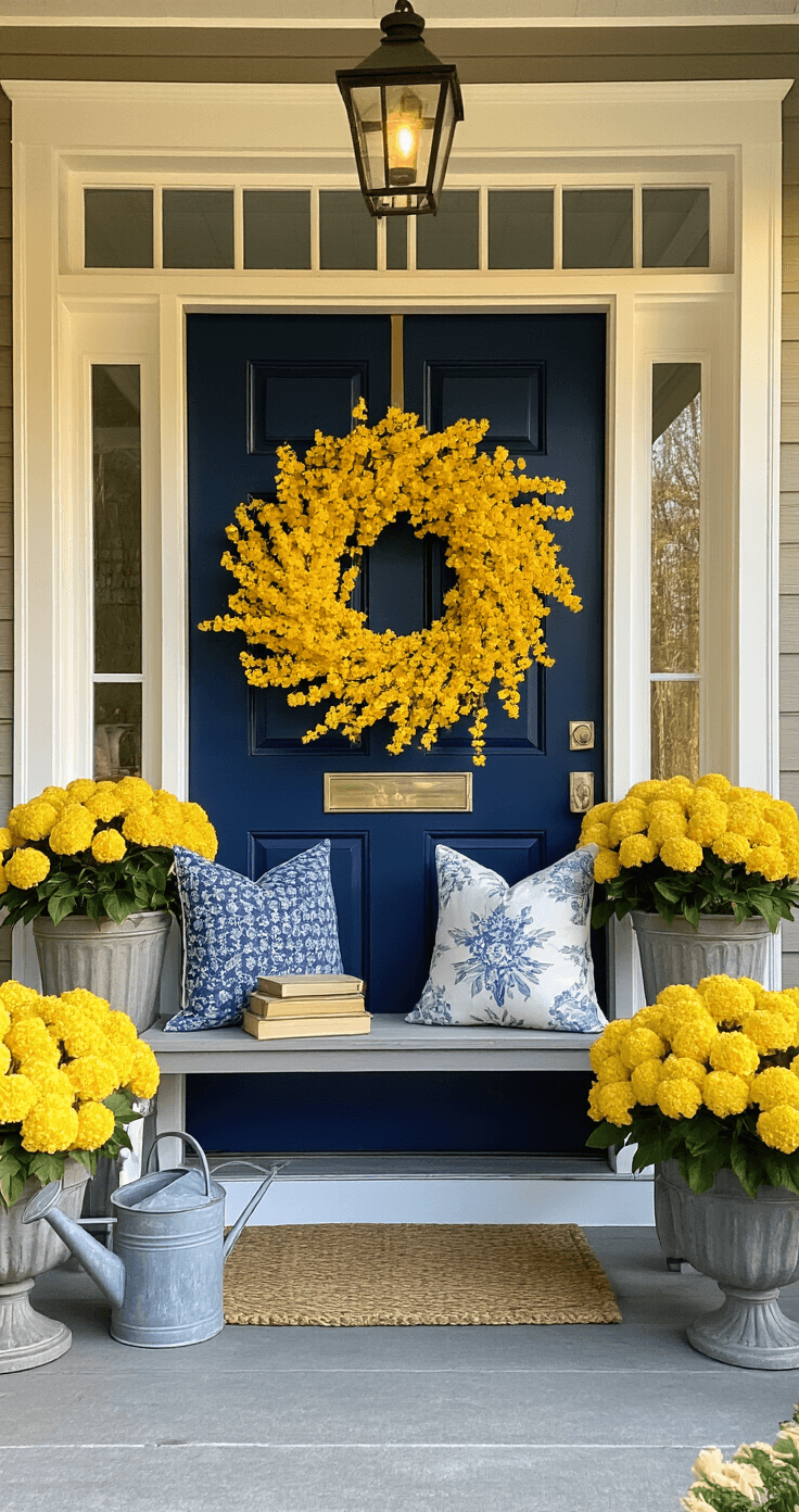 Your Front Door is Begging for a Spring Makeover—Here's Exactly How to Do It A beautifully styled porch featuring a navy blue door flanked by vibrant forsythia wreaths, large hydrangea arrangements in weatherproof containers, and a small bench adorned with vintage books and spring-patterned pillows, all illuminated by warm golden hour light.