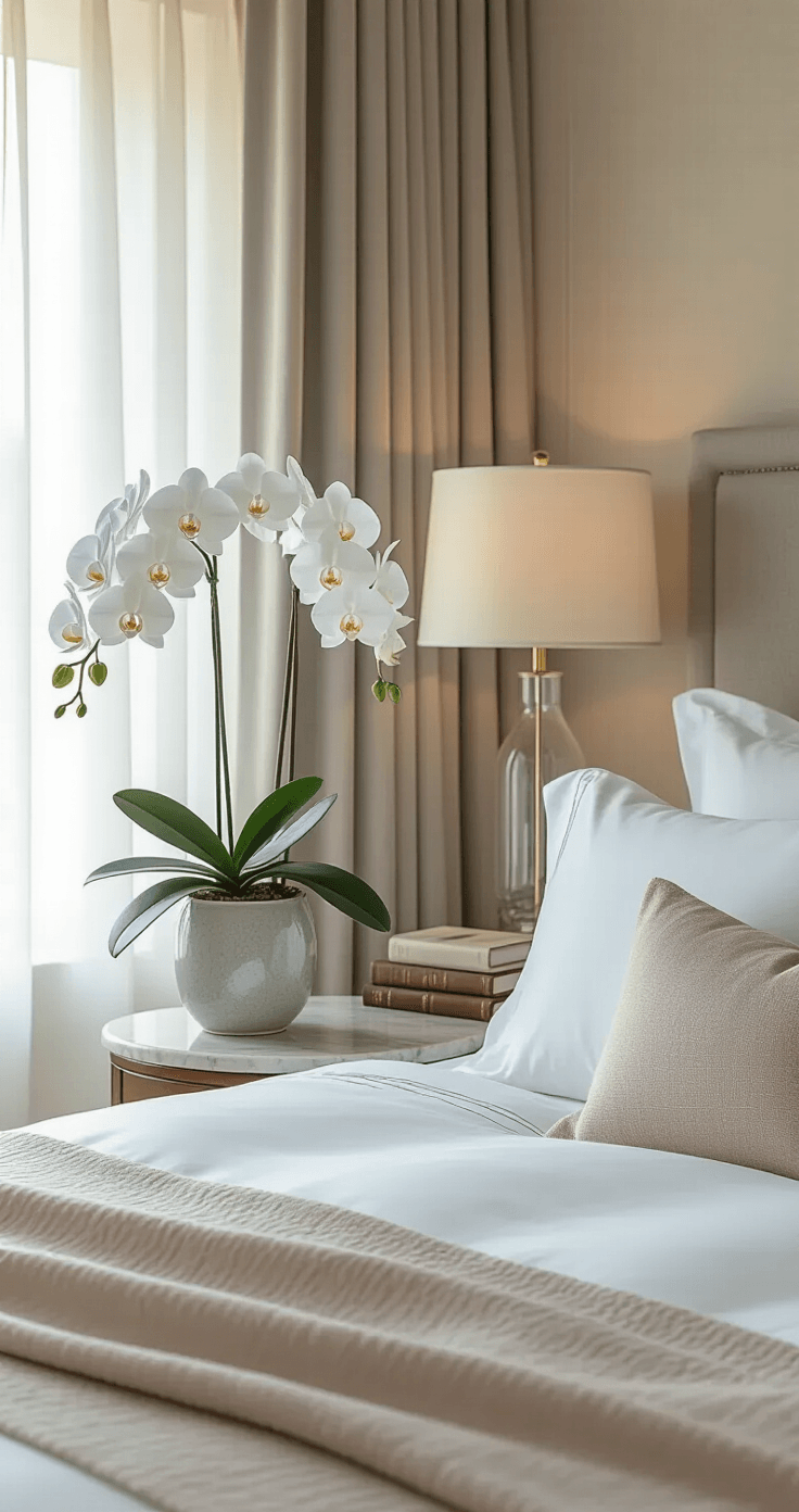 The Prettiest Flowers That'll Make Your Home Look Like a Million Bucks (Without Spending It) Elegant bedroom corner featuring a white orchid in a ceramic pot on a marble bedside table, bathed in soft morning light through gauzy curtains, with a dove gray upholstered headboard, crisp white bedding, a pale blush cashmere throw, a crystal table lamp, and a stack of leather-bound books beside a Persian area rug, all contributing to a serene, luxurious ambiance.