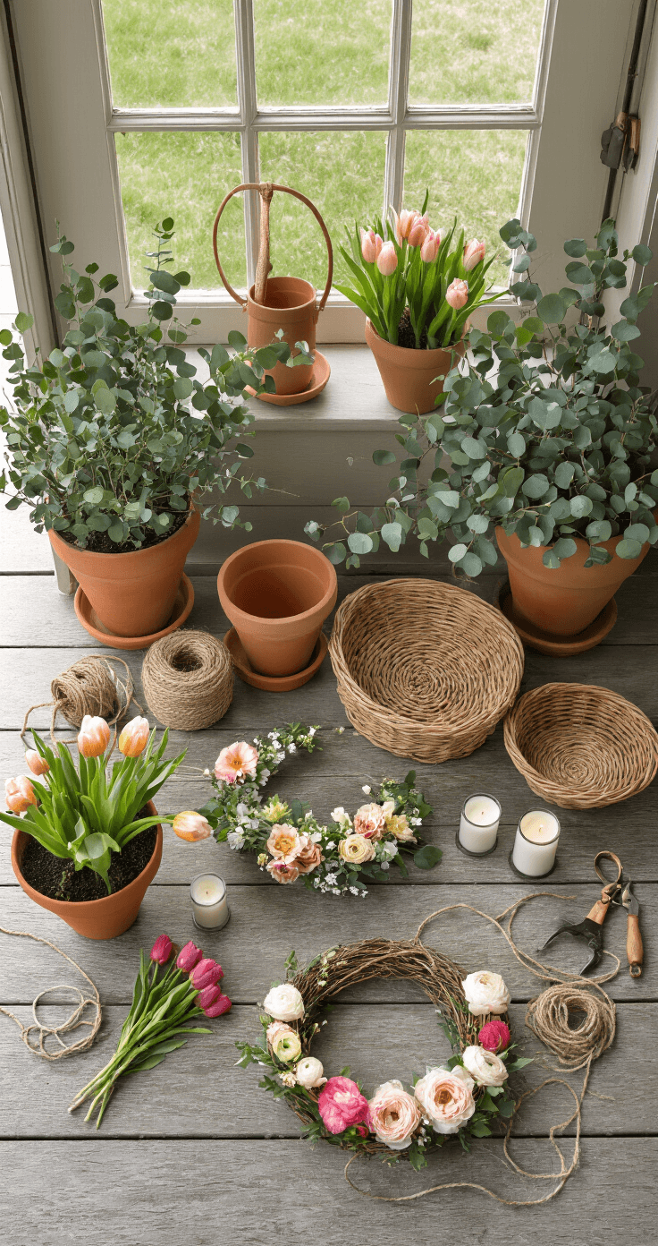 Your Front Door is Begging for a Spring Makeover—Here's Exactly How to Do It Overhead view of a spring door decor workspace featuring terracotta planters, eucalyptus branches, woven baskets, battery-operated candles, tulips, and ranunculus, along with garden tools and twine scattered around a partially completed wreath, all illuminated by natural morning light.