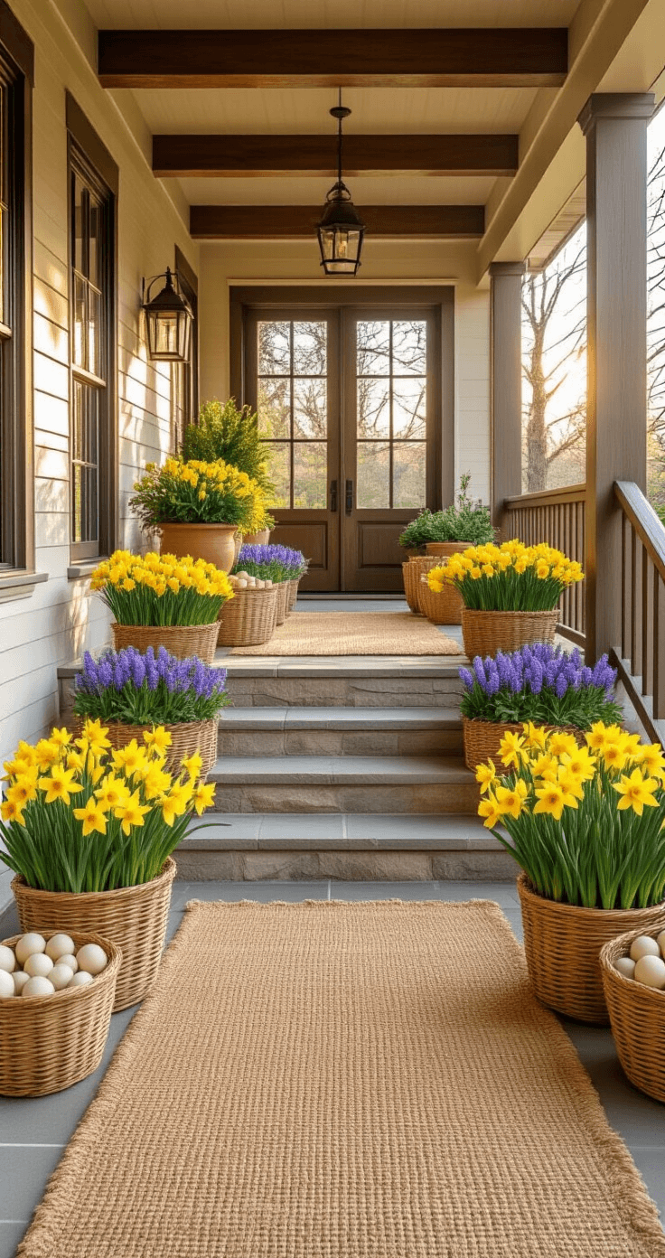Easter Front Porch Decor That'll Make Your Neighbors Slow Down (No Pastel Overload Required) A welcoming front porch adorned with a three-layer Easter display, featuring vibrant daffodils and hyacinths in terracotta planters, wicker baskets of faux eggs, and a warm beige jute rug, captured in golden hour light.