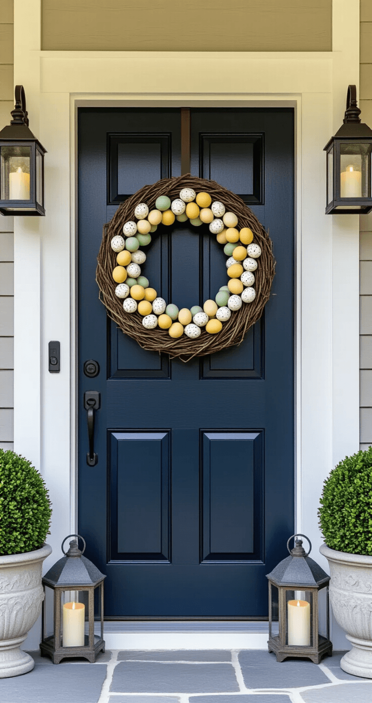 Easter Front Porch Decor That'll Make Your Neighbors Slow Down (No Pastel Overload Required) Close-up detail of a dark navy blue wooden front door with an oversized grapevine wreath featuring speckled eggs in cream, sage, and soft yellow. Flanked by matching galvanized metal lanterns on a natural stone porch, the image showcases white-painted door trim and potted boxwood topiaries in aged concrete planters, all captured in bright midday light to highlight textures and contrasts.