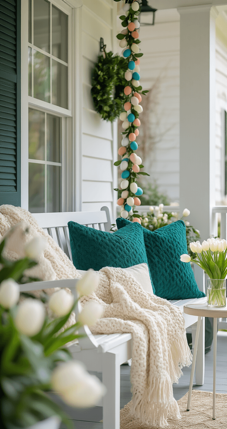 Easter Front Porch Decor That'll Make Your Neighbors Slow Down (No Pastel Overload Required) Intimate outdoor seating area featuring a white wooden bench with jewel-toned pillows, a cream throw blanket, and a small table with white tulips, set against a porch railing adorned with pastel egg garland, all bathed in soft morning light.
