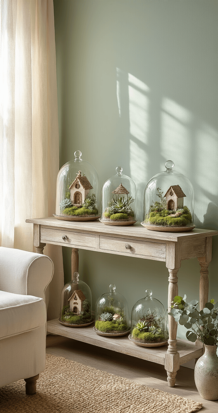 47 Magical Fairy Garden Ideas That'll Transform Your Backyard Into an Enchanted Paradise Interior living room with a weathered wooden console table against a sage green wall, displaying fairy garden terrariums in vintage glass cloches and antique teacups, illuminated by afternoon sunlight through sheer linen curtains, featuring tiny succulents, moss, and delicate fairy houses, with crystal fairy lights adding sparkle, complemented by a cream linen armchair, woven jute rug, and dried eucalyptus in ceramic vases.
