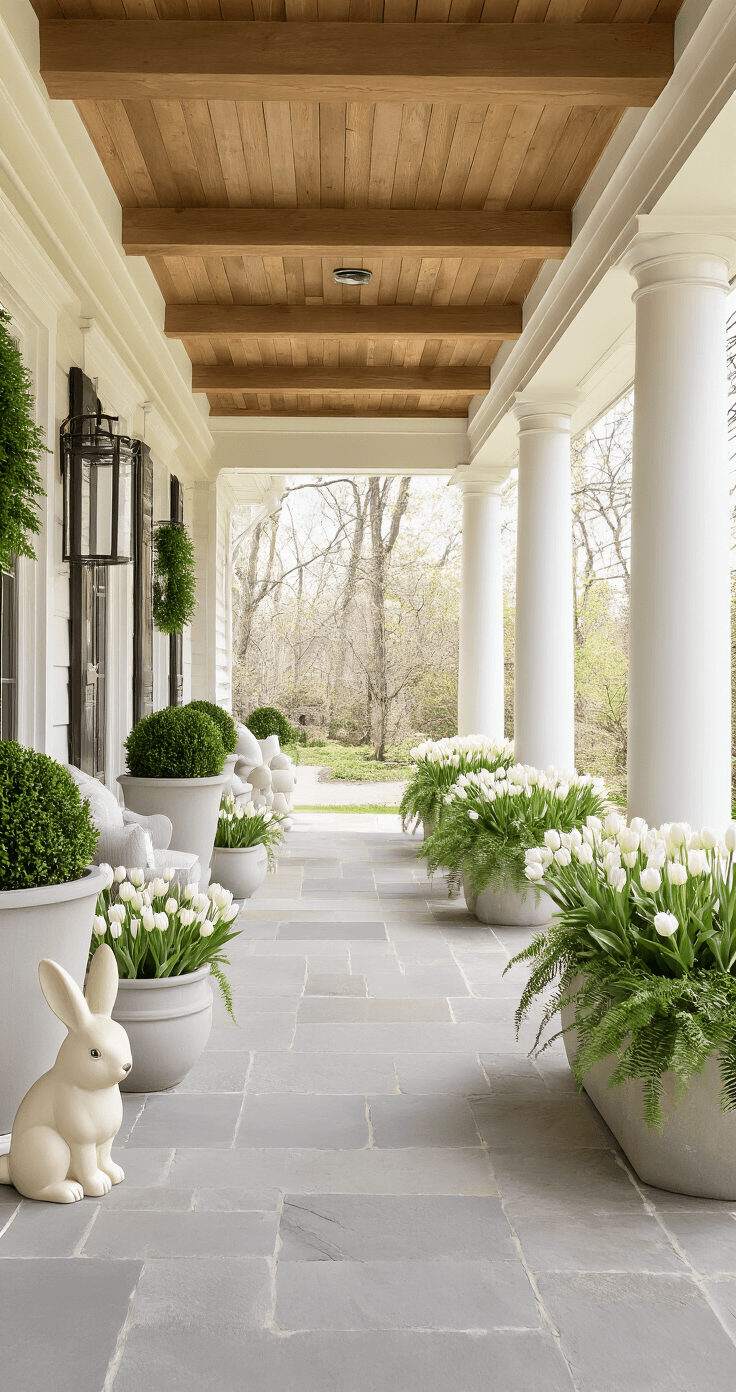 Easter Front Porch Decor That'll Make Your Neighbors Slow Down (No Pastel Overload Required) Modern Easter porch featuring stone flooring, white columns, and natural wood beams, decorated with white tulips, trailing ivy, and wooden eggs, accentuated by a large cream rabbit statue, all captured in bright afternoon light.