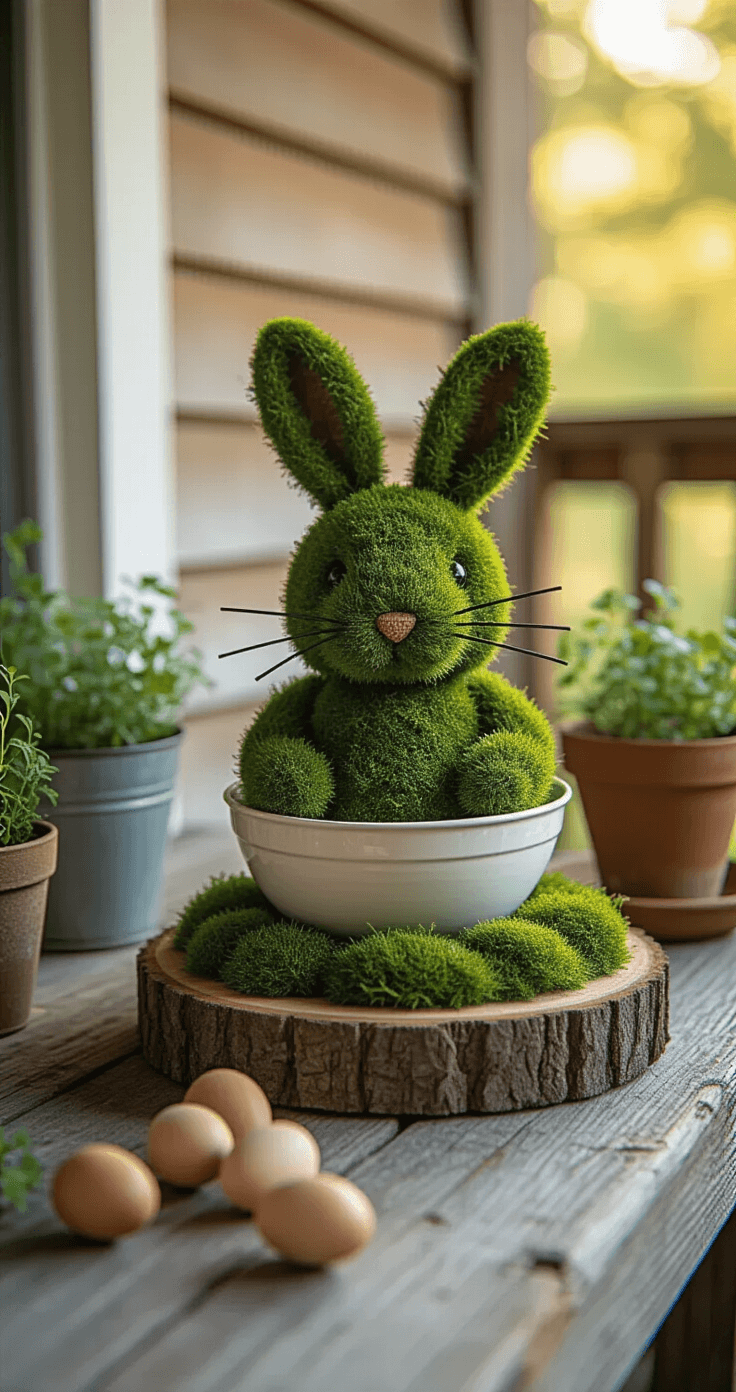 Easter Front Porch Decor That'll Make Your Neighbors Slow Down (No Pastel Overload Required) A detailed macro shot of a DIY moss bunny centerpiece made from stacked mixing bowls covered in moss, featuring wire ears, surrounded by wooden eggs, potted herbs, and crafting supplies on a weathered wooden table, captured during golden hour for warm lighting and texture emphasis.