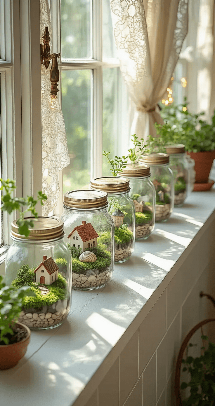 47 Magical Fairy Garden Ideas That'll Transform Your Backyard Into an Enchanted Paradise A sunlit kitchen windowsill adorned with mason jar terrariums, showcasing miniature gardens with varied themes, illuminated by morning light filtering through lace curtains, complemented by potted herbs and copper fairy lights.