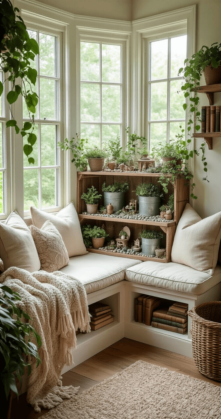 47 Magical Fairy Garden Ideas That'll Transform Your Backyard Into an Enchanted Paradise Cozy reading nook with a built-in window seat adorned with cream cushions, featuring a multi-tiered fairy garden display on reclaimed barn wood shelves, illuminated by natural light from tall windows, surrounded by warm decor elements like chunky knit throws and leather-bound books.