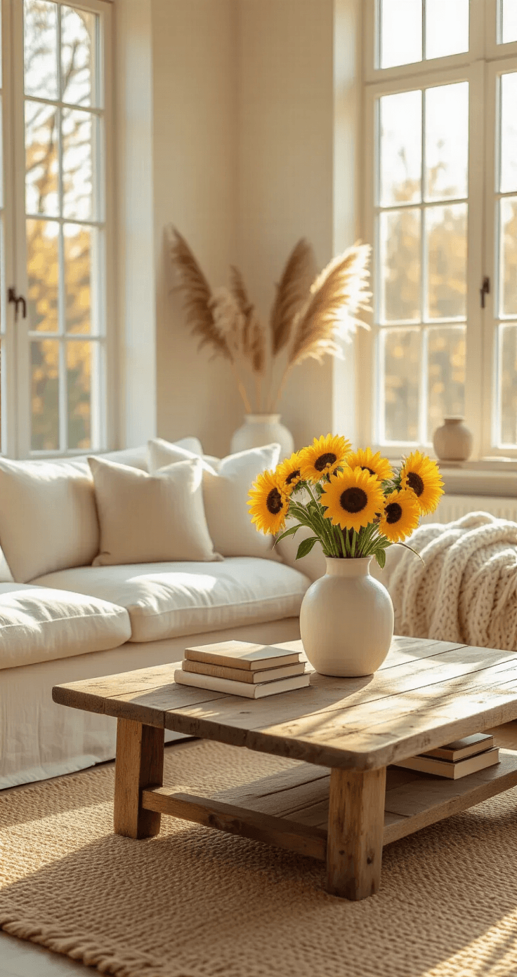 Why Yellow Flowers Deserve a Spot in Every Home (And How to Actually Keep Them Alive) A bright living room with warm sunlight, featuring a rustic wooden coffee table with yellow sunflowers and ranunculus in a white vase, a cream linen sofa, jute rug, and beige walls, styled with vintage books, a chunky knit throw, and dried pampas grass, creating a cozy atmosphere.
