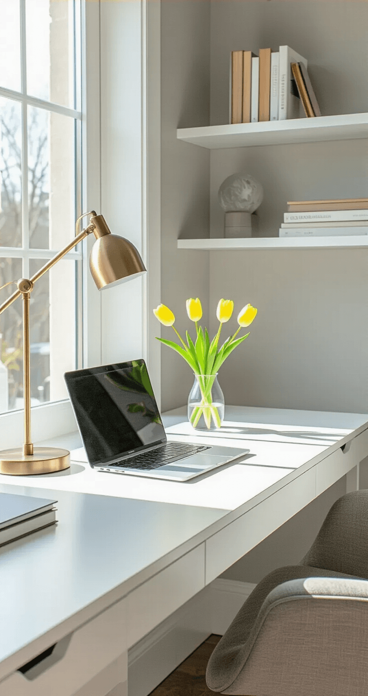 Why Yellow Flowers Deserve a Spot in Every Home (And How to Actually Keep Them Alive) Modern home office with a clean white desk near a window, featuring a glass bud vase with yellow tulips, a sleek laptop, brass desk lamp, and scattered notebooks. Light gray walls and white floating shelves enhance the serene atmosphere illuminated by natural morning light and warm task lighting.