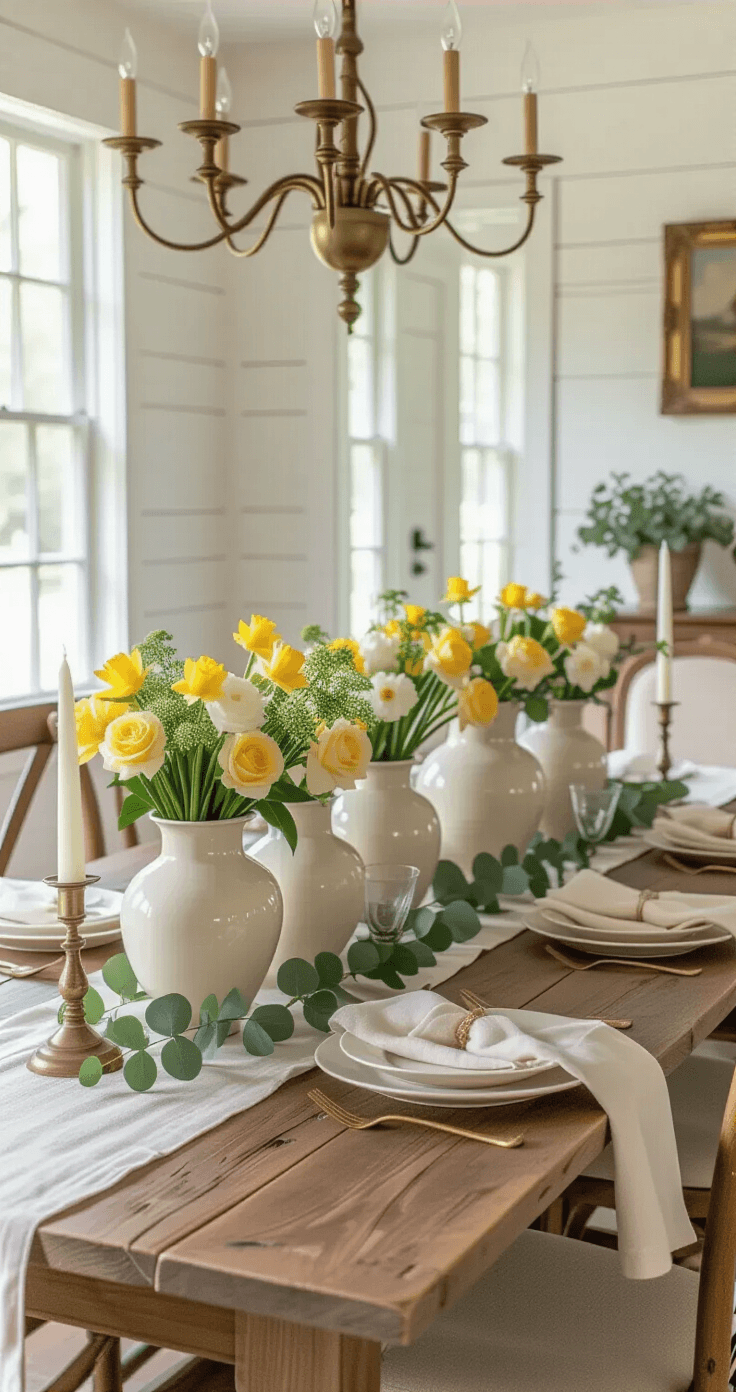 Why Yellow Flowers Deserve a Spot in Every Home (And How to Actually Keep Them Alive) Elegant dining room with a long farmhouse table centerpiece featuring cream ceramic vessels filled with yellow roses, billy balls, and daffodils, surrounded by white shiplap walls, a vintage brass chandelier, and natural linen upholstered chairs, accented with eucalyptus greenery, white candles, and antique brass candlesticks, creating a warm, inviting atmosphere.