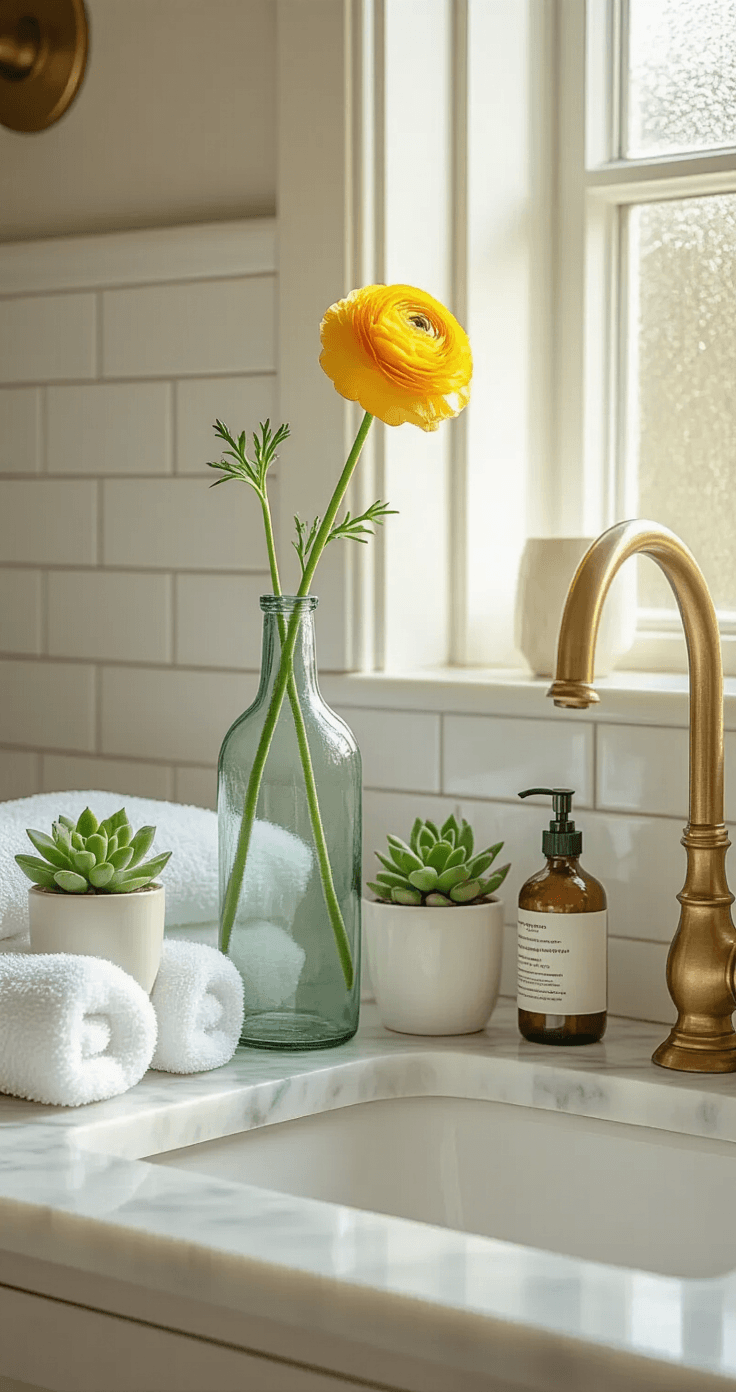 Why Yellow Flowers Deserve a Spot in Every Home (And How to Actually Keep Them Alive) A cozy bathroom vanity with a vintage glass vase holding a yellow ranunculus, white subway tile backsplash, marble countertop, and brass fixtures, illuminated by morning light.