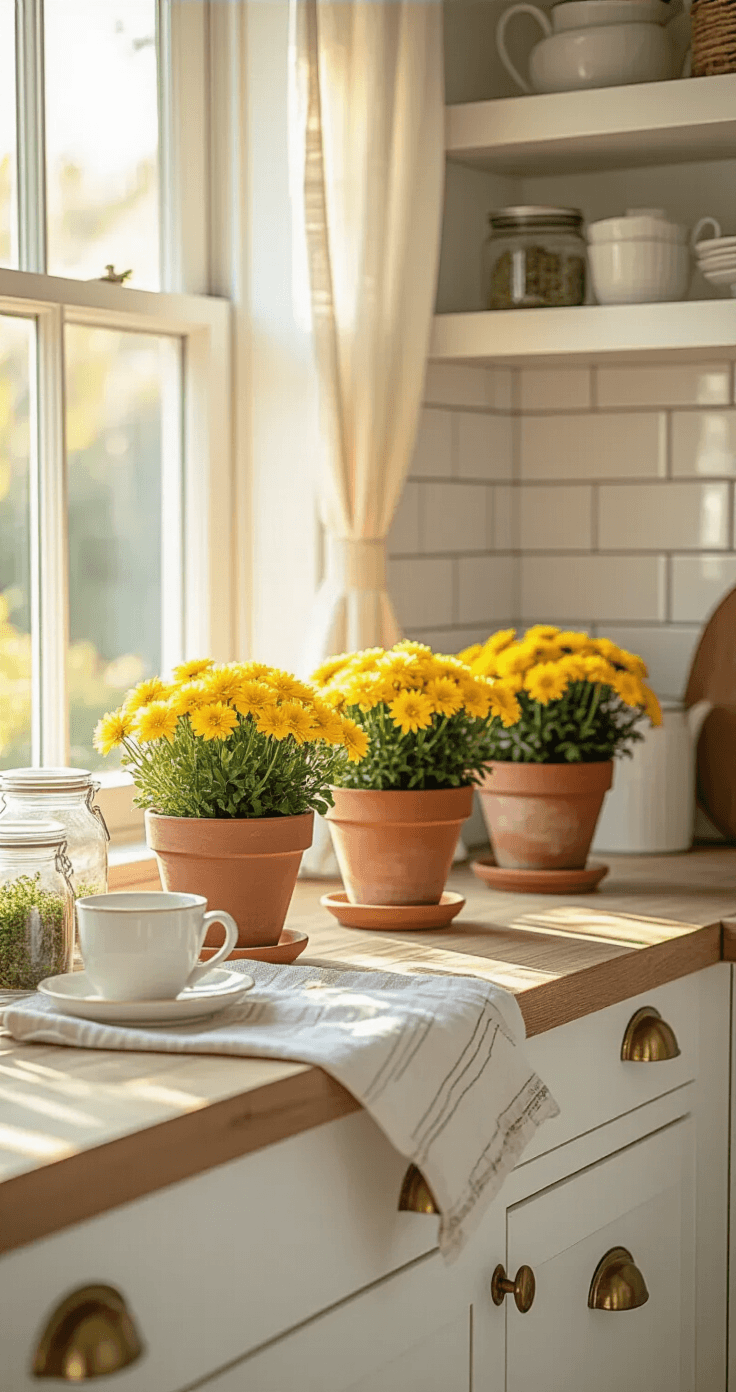Why Yellow Flowers Deserve a Spot in Every Home (And How to Actually Keep Them Alive) A charming kitchen windowsill adorned with three yellow mums in terracotta pots, complemented by glass jars of herbs and vintage coffee cups, all illuminated by soft morning sunlight filtering through sheer curtains.