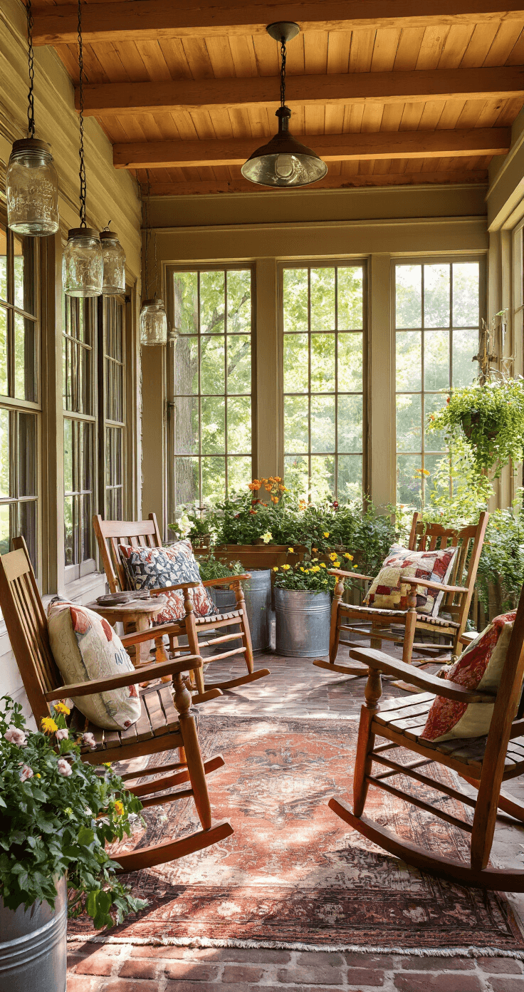 How I Discovered the Cheapest Ways to Transform My Porch Ceiling Without Breaking the Bank Intimate porch view featuring a honey-toned pine tongue and groove ceiling, large windows casting sunlight on rustic decor, distressed rocking chairs, vintage quilts, and seasonal flowers, with mason jar pendant lights, a Persian rug, and organic textures from climbing ivy and handmade pottery.