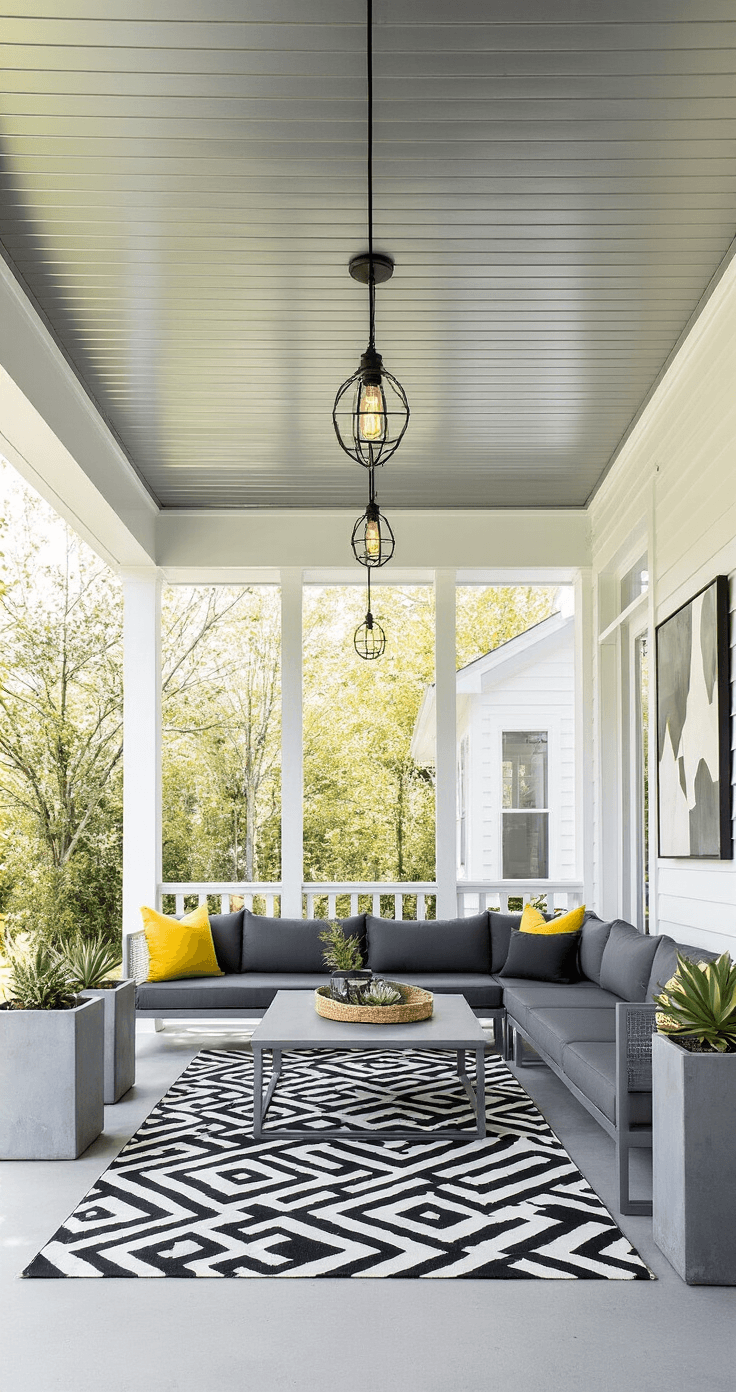 How I Discovered the Cheapest Ways to Transform My Porch Ceiling Without Breaking the Bank Modern porch interior featuring brushed aluminum soffit panels, floor-to-ceiling glass, charcoal gray sectional seating, geometric black and white rugs, industrial pendant lighting, and architectural succulents, all in a cool color palette with bright yellow accents.
