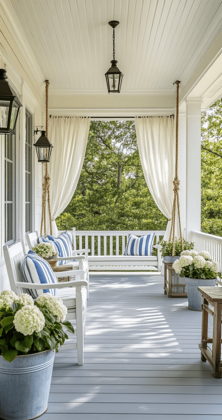 How I Discovered the Cheapest Ways to Transform My Porch Ceiling Without Breaking the Bank A spacious covered porch featuring an elegant white beadboard ceiling with late afternoon light creating soft shadows, adorned with traditional cottage-style furniture, nautical accessories, and lush plants, providing a fresh coastal atmosphere.