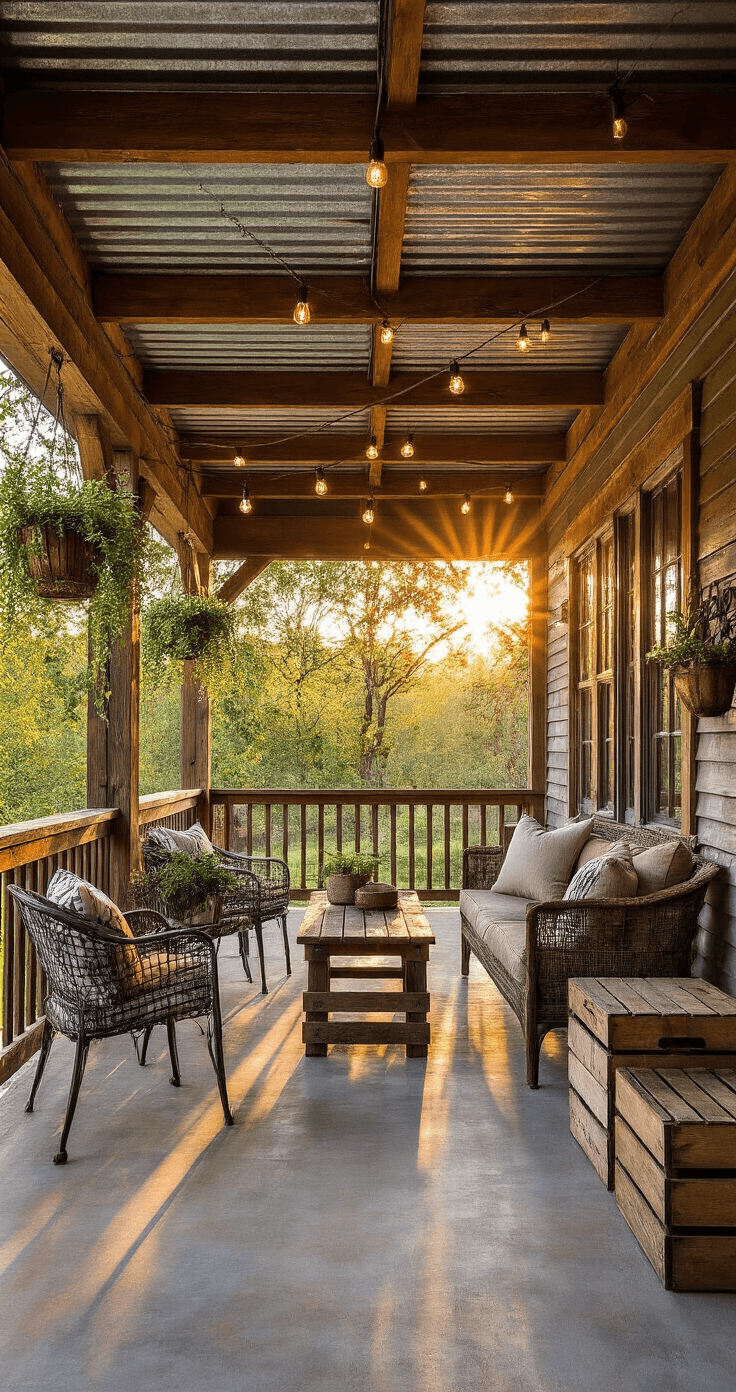 How I Discovered the Cheapest Ways to Transform My Porch Ceiling Without Breaking the Bank Rustic 10x12 porch with corrugated metal roofing and cedar trim, featuring reclaimed wood furniture, vintage metal chairs, and Edison bulb string lights, illuminated by golden hour light.