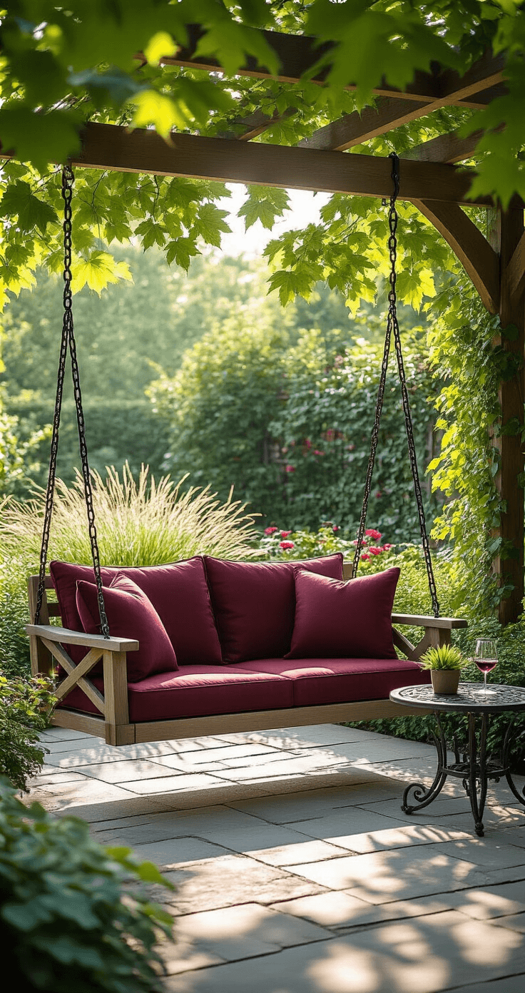 Freestanding Porch Swing: Everything You Need to Know Before You Buy Photorealistic garden patio scene featuring a two-seater cedar swing with burgundy cushions under dappled shade from maple branches, surrounded by ornamental grasses, flowering perennials, and climbing roses, with a wrought iron side table holding a wine glass and succulent, all bathed in warm afternoon light.