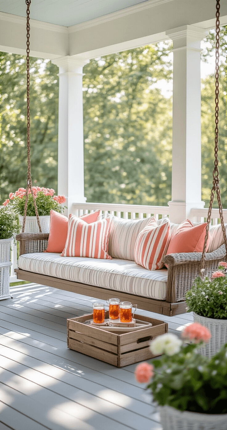 Freestanding Porch Swing: Everything You Need to Know Before You Buy Photorealistic interior of a covered porch featuring a three-seater swing with coral and white striped cushions, gray-stained wooden decking, and soft morning light casting shadows, complemented by decorative throw pillows, a vintage crate side table with flowers and iced tea, and white wicker planters with blooming plants.