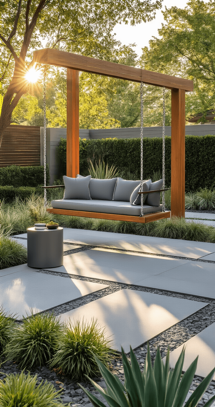Freestanding Porch Swing: Everything You Need to Know Before You Buy Photorealistic backyard scene with a modern swing on a concrete paver patio, surrounded by contemporary landscaping, featuring ornamental grasses, boxwood hedges, and architectural agave. Late afternoon sun casts long shadows, highlighting the warm honey tones of the cedar frame and charcoal gray cushions. A sleek aluminum side table complements the design, with a color palette of warm woods, cool grays, and green foliage.