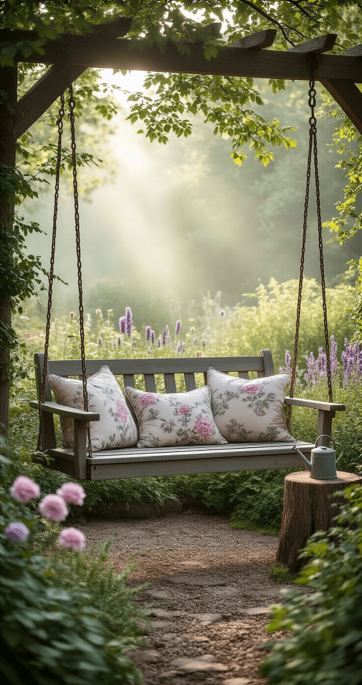 Freestanding Porch Swing: Everything You Need to Know Before You Buy Photorealistic cottage garden scene with a weathered cedar swing frame among vibrant perennial borders, soft morning mist, and dappled sunlight. The swing, adorned with faded pastel floral cushions, sits next to a rustic wooden stump holding a vintage watering can and garden gloves. Abundant climbing roses, delphinium, lavender, and ornamental grasses thrive in a romantic palette of soft pinks, lavenders, and sage greens, captured in dreamy soft focus at ground level.
