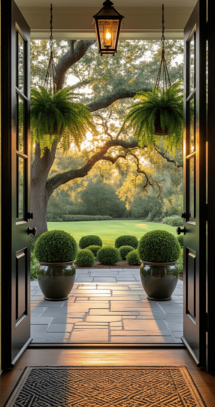 Front Porch Landscaping: How I Transformed My Curb Appeal Without Breaking the Bank Photorealistic interior view of a welcoming porch at golden hour, framed by a dark charcoal door. Dappled shadows from oak trees fall across natural stone pavers, flanked by manicured boxwood topiary. Lush Boston ferns dangle from bronze chains, while a sage green wood floor features a cream and navy rug. Softly glowing solar path lights illuminate the stone walkway, with contrasting warm exterior light and cool interior shadows.