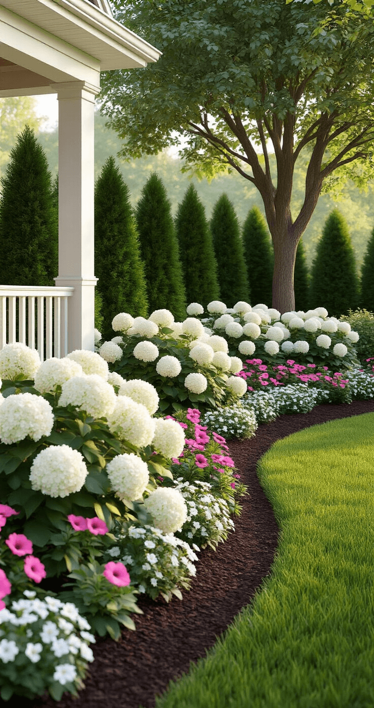 Front Porch Landscaping: How I Transformed My Curb Appeal Without Breaking the Bank Photorealistic view of a layered front yard landscape featuring tall dark green arborvitae at the back, blooming white hydrangeas in the middle, and colorful annuals like pink petunias and white alyssum in the foreground, all set against emerald green lawn and dark brown mulch; captured from porch steps in soft afternoon light.