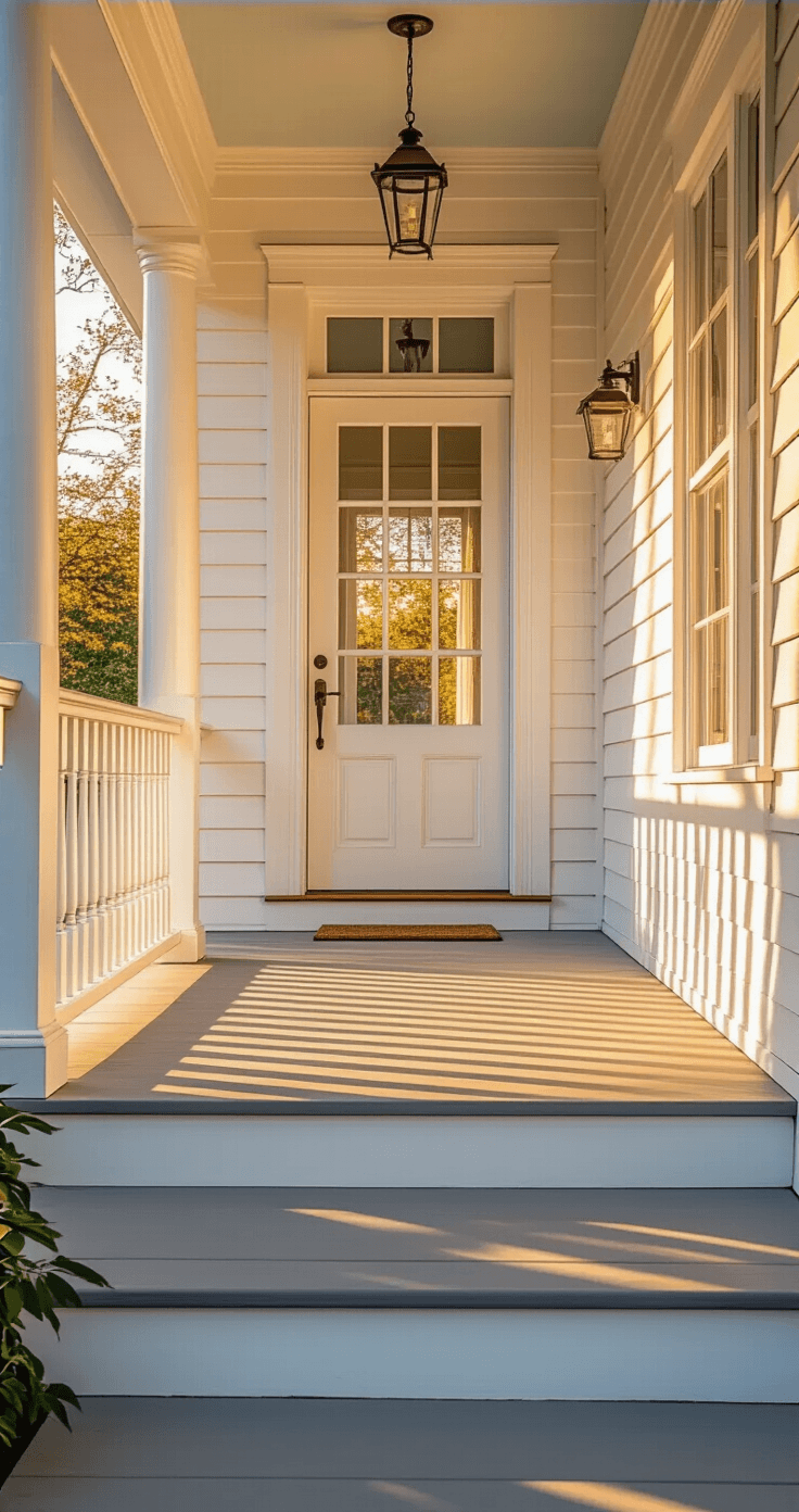 How to Decorate a Very Small Front Porch Without Making It Feel Cramped Photorealistic front porch scene at golden hour featuring white wooden railings and steps, a clean-swept concrete floor, and a pristine glass-paneled door with polished brass hardware, showcasing decorative spindles and spotless windows reflecting warm sunlight.