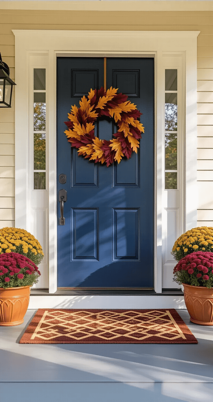 How to Decorate a Very Small Front Porch Without Making It Feel Cramped Intimate front porch with a bold navy blue door, oversized autumn wreath, rich terracotta welcome mat, and ceramic planters arranged in a pathway, captured in warm morning light from a slight elevation.