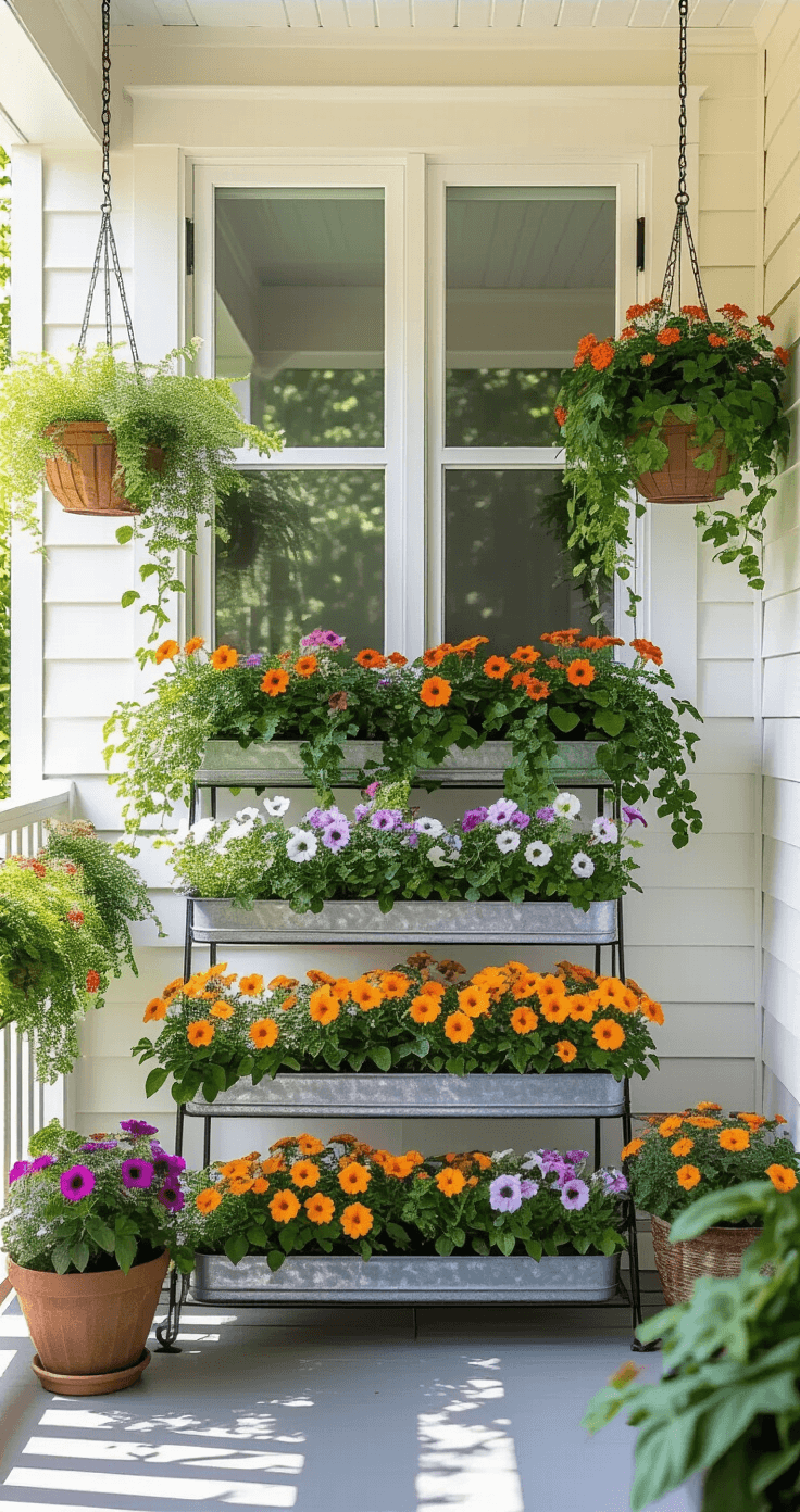 How to Decorate a Very Small Front Porch Without Making It Feel Cramped A compact covered porch featuring a vertical garden with a tiered metal plant stand showcasing cascading petunias and upright marigolds, wall-mounted window boxes filled with trailing ivy and colorful annuals, and hanging planters at varying heights, all captured in bright midday light to highlight the multi-level arrangement and natural shadows against the white ceiling.