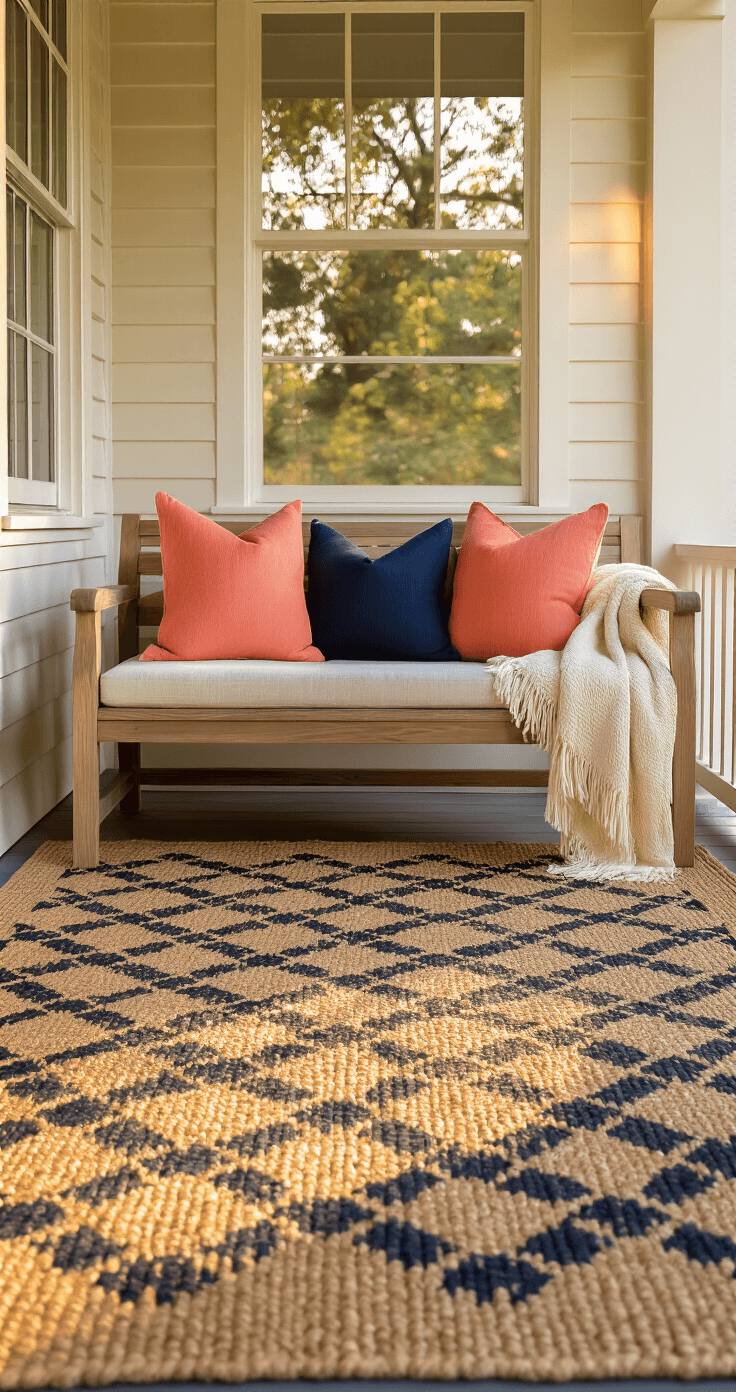 How to Decorate a Very Small Front Porch Without Making It Feel Cramped Cozy front porch with a weather-resistant jute rug and a small wooden bench adorned with coral and navy throw pillows, illuminated by warm amber light during golden hour, creating an inviting atmosphere and highlighting textured fabrics against a warm neutral color palette.