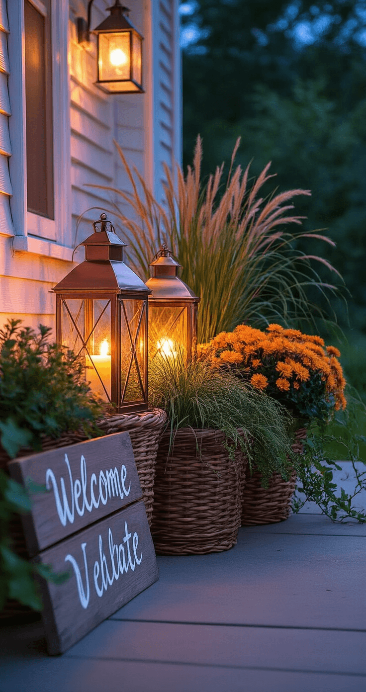 How to Decorate a Very Small Front Porch Without Making It Feel Cramped Small front porch at twilight illuminated by warm lantern glow, featuring asymmetrically positioned brushed copper lanterns, woven basket planters with ornamental grasses and annuals, a charming wooden welcome sign, and a mixed planting arrangement of fountain grass, chrysanthemums, and sweet potato vine, creating an intimate and magical atmosphere.