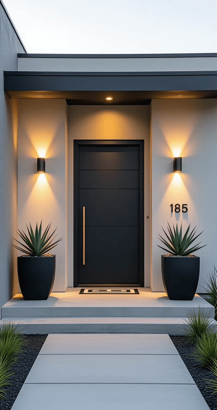 Transform Your Front Entry: Ideas That Actually Work (Not Another Boring Porch Makeover) A modern minimalist front entry at golden hour, featuring a sleek charcoal black solid slab door, brushed steel handle, and geometric house numbers, flanked by LED sconces. A wide concrete porch with a dramatic planter of architectural succulents and ornamental grass enhances the symmetrical composition. The scene is illuminated by warm 3000K light, highlighting soft gray stucco walls and a geometric doormat in charcoal and white.