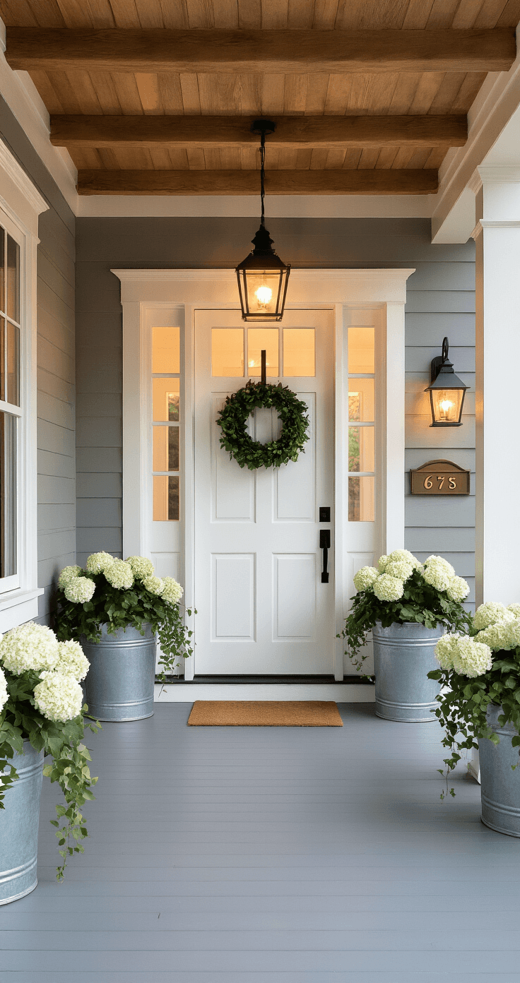 Transform Your Front Entry: Ideas That Actually Work (Not Another Boring Porch Makeover) A cozy farmhouse-style covered entry at blue hour, featuring a white door with glass panels, black hardware, and warm gray board-and-batten siding, illuminated by a vintage black lantern. Flanked by galvanized planters with white hydrangeas and trailing ivy, the porch boasts a natural wood ceiling with exposed beams and an inviting glow from the interior light. A simple eucalyptus wreath hangs on the door, with brass house numbers reflecting warm ambient light.