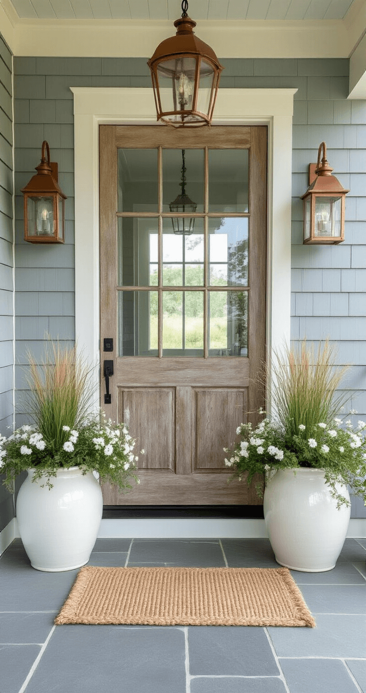 Transform Your Front Entry: Ideas That Actually Work (Not Another Boring Porch Makeover) Coastal entry with a weathered driftwood door, stone-tiled porch, and large white planters, bathed in bright morning light, highlighting natural textures and a relaxed aesthetic.