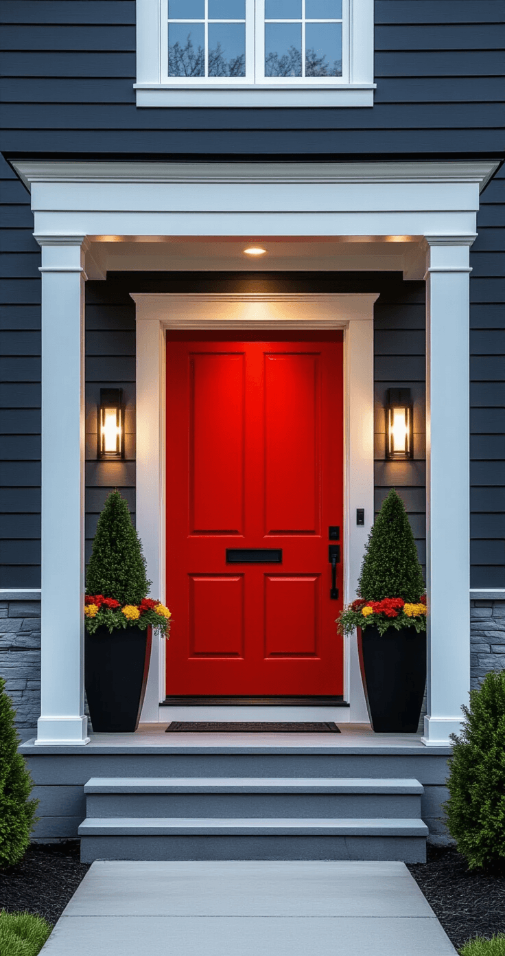 Transform Your Front Entry: Ideas That Actually Work (Not Another Boring Porch Makeover) A striking red front door against charcoal gray siding and white trim, framed by a modern portico with black metal columns, surrounded by elegant planters and illuminated by LED sconces in the evening light.