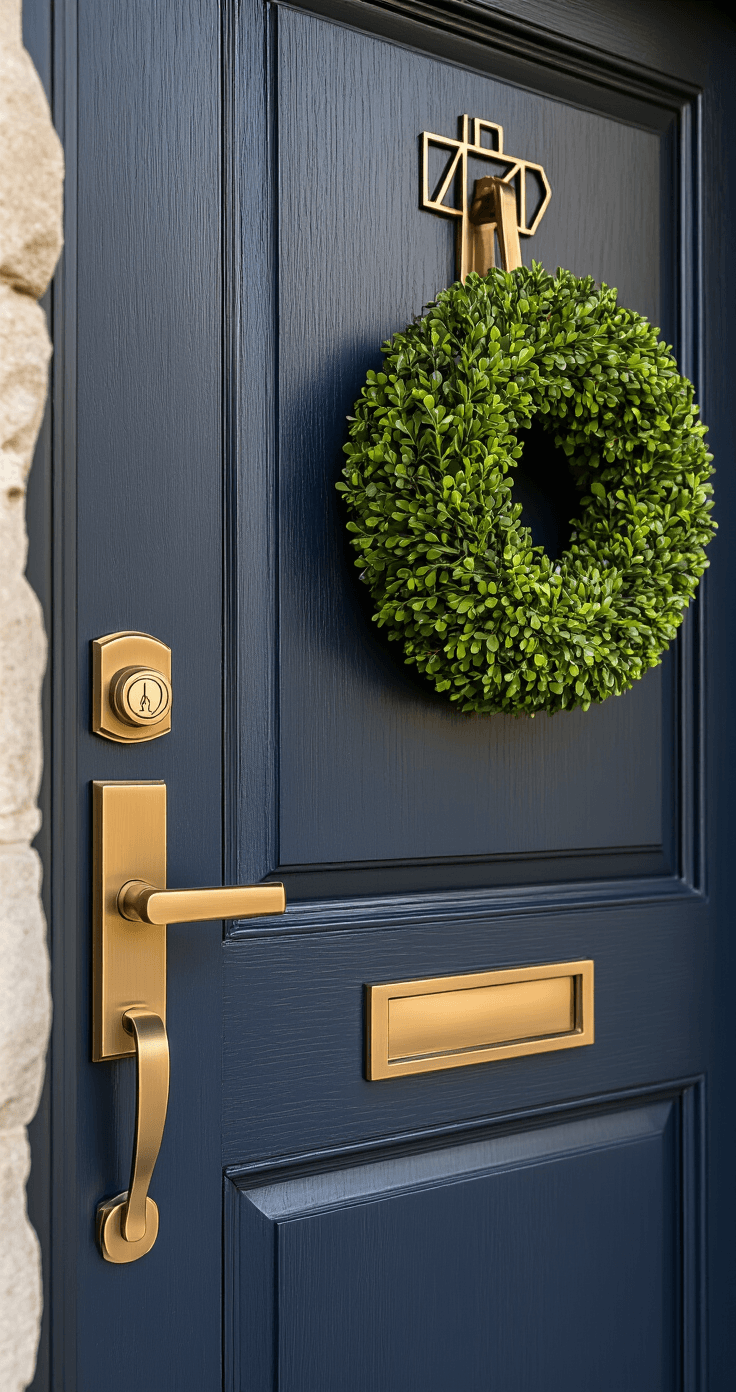 Transform Your Front Entry: Ideas That Actually Work (Not Another Boring Porch Makeover) Close-up of premium brass and bronze door hardware on a deep navy blue door, featuring a brushed bronze lever handle, matching deadbolt, geometric house numbers, warm brass mailbox, and door knocker, with a structured boxwood wreath and limestone surround, captured in soft afternoon light for a detailed and intimate perspective.