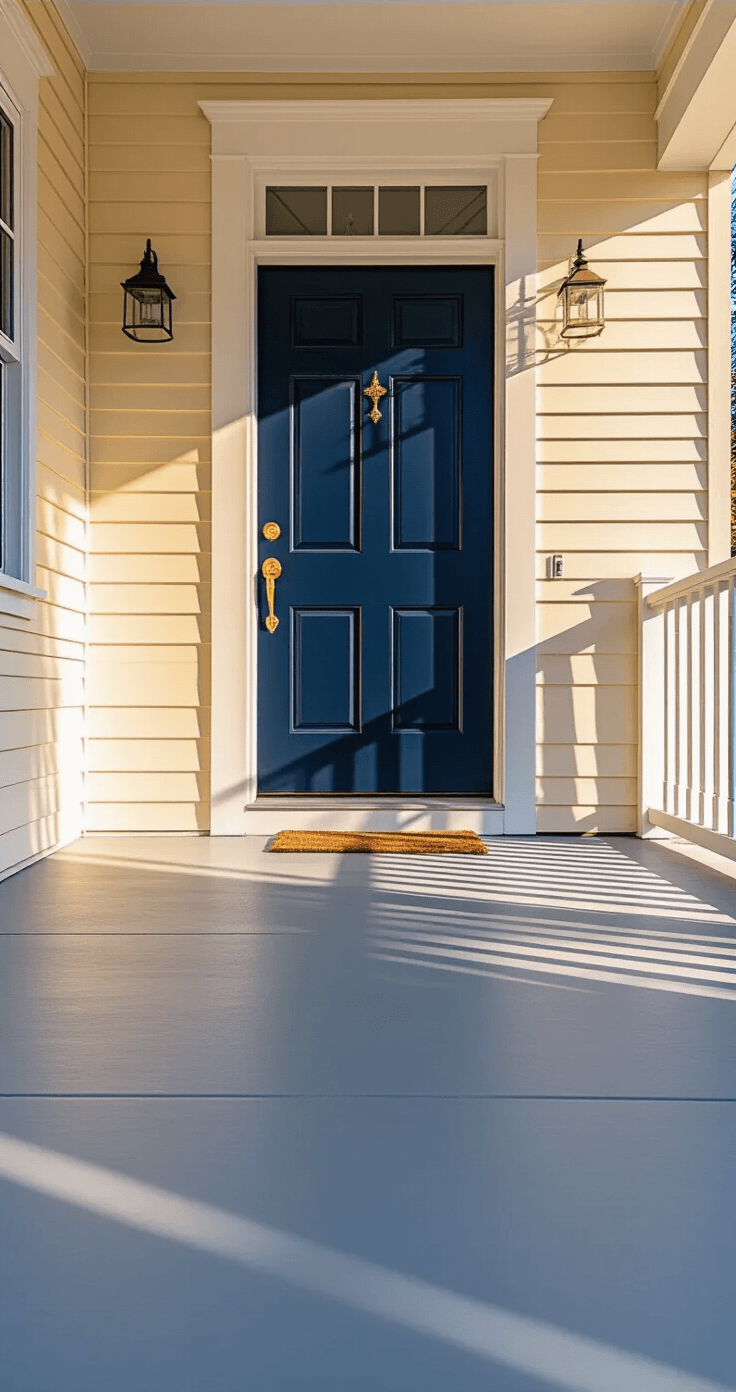 Small Front Porch Decorating Ideas That Actually Work (Even in Tiny Spaces) Photorealistic image of a small, cleared front porch with clean concrete flooring and pristine corners, illuminated by warm golden hour light. The navy blue front door with white trim and polished brass hardware is the focal point against cream siding, with sparkling glass surfaces and a serene, empty atmosphere that conveys a sense of fresh starts and potential.