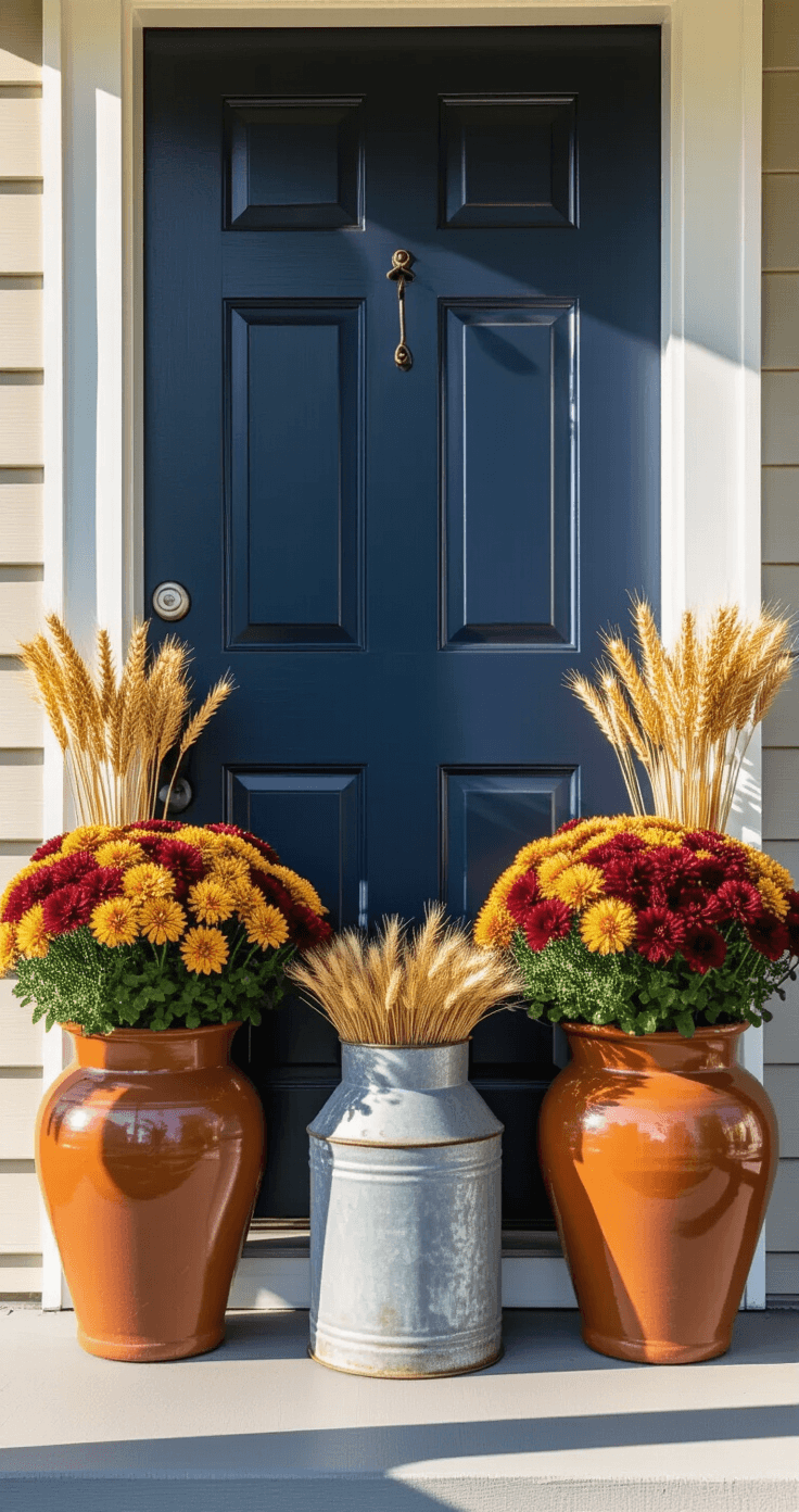 Small Front Porch Decorating Ideas That Actually Work (Even in Tiny Spaces) Intimate front porch scene with a bold navy blue door, flanked by warm terracotta ceramic planters filled with autumn mums in burgundy and golden yellow, and a weathered vintage milk can with dried wheat stalks, all illuminated by warm afternoon light.