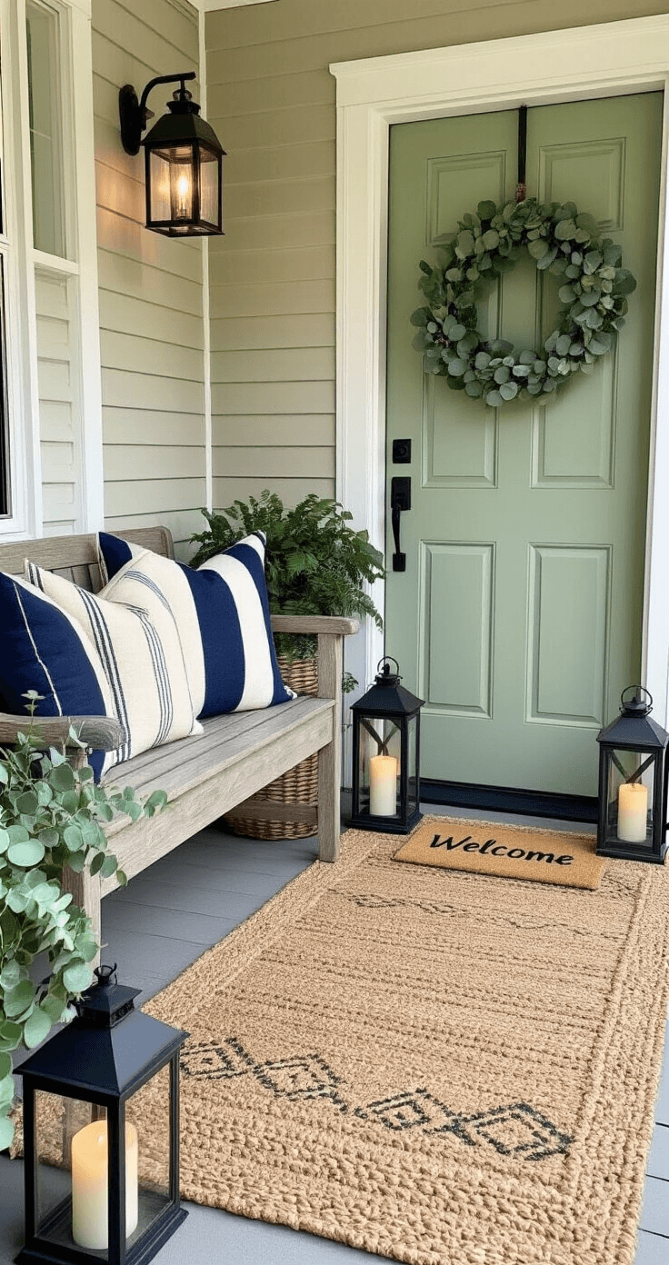 Small Front Porch Decorating Ideas That Actually Work (Even in Tiny Spaces) Cozy porch transformed into an outdoor room with a wooden bench adorned with navy and cream striped pillows, layered doormats featuring a jute rug and personalized welcome mat, black lanterns with LED candles, and a eucalyptus wreath on a sage green door, all captured in soft, warm lighting.