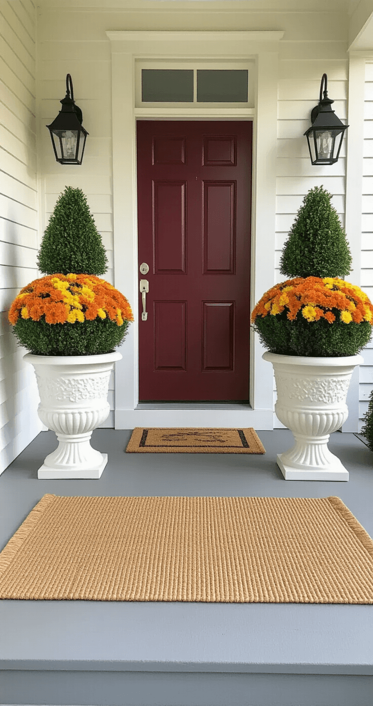 Small Front Porch Decorating Ideas That Actually Work (Even in Tiny Spaces) Symmetrical front porch design featuring a burgundy door flanked by twin white ceramic planters with boxwood topiaries and seasonal orange and yellow mums, matching hurricane lanterns on decorative stands, a large sisal rug paired with a coir doormat, captured in warm late afternoon light emphasizing the balanced arrangement.