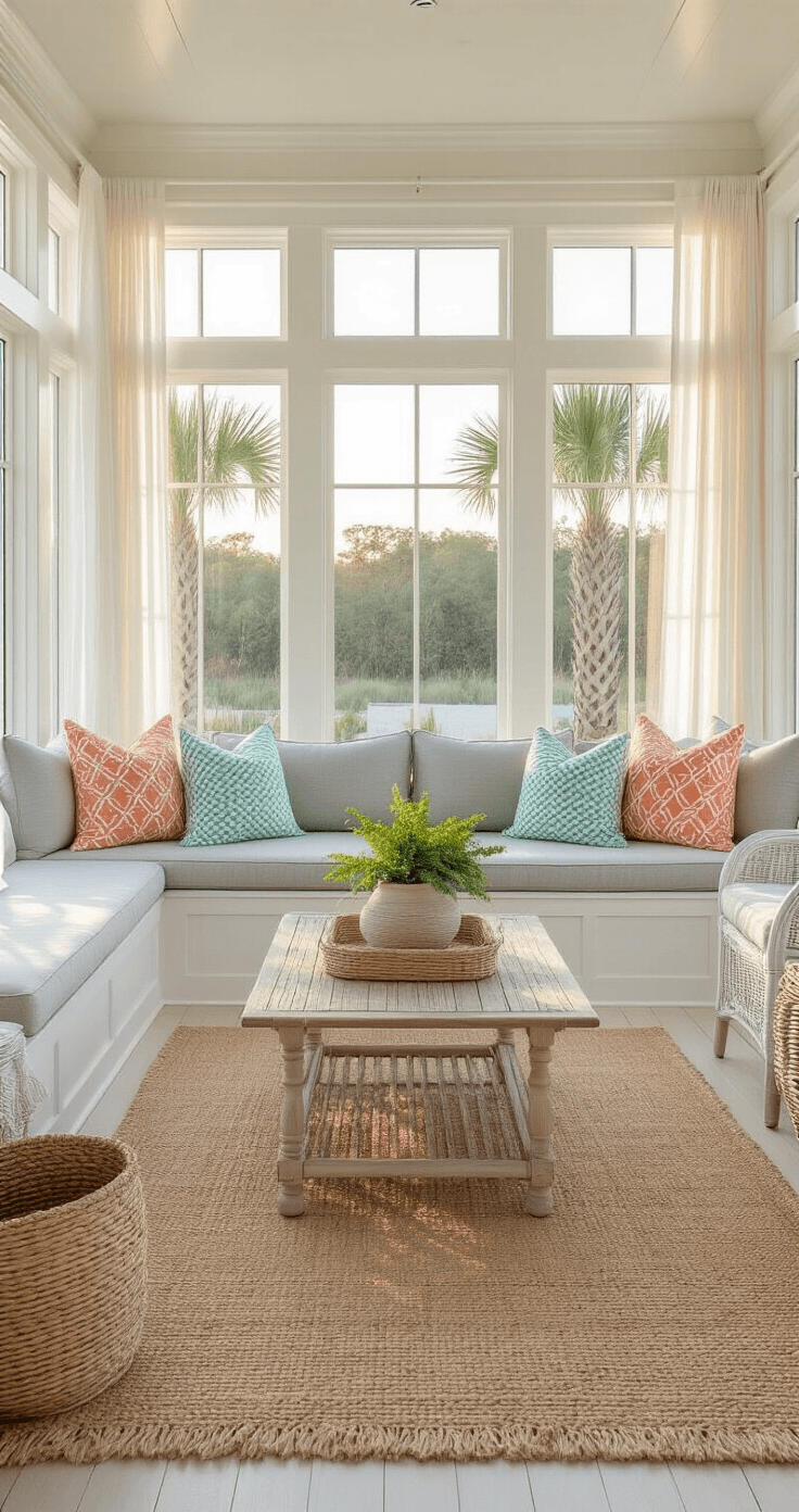 Sunroom Design Ideas That'll Make You Never Want to Leave (And I'm Not Even Exaggerating) Wide-angle view of a beach-style sunroom at golden hour, featuring floor-to-ceiling windows, a built-in window seat with gray cushions, wicker armchairs, a teak coffee table, and lush potted palms, all illuminated by warm sunlight.