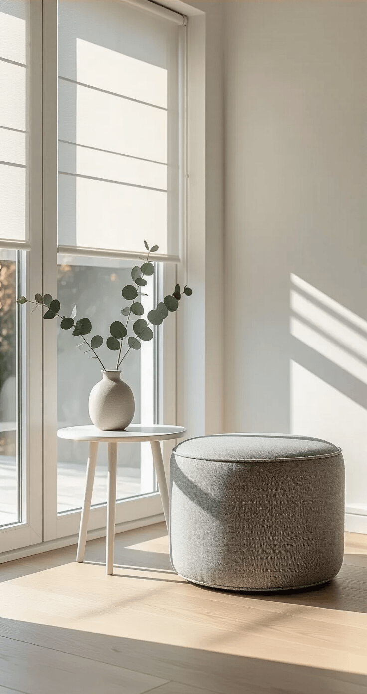 Sunroom Design Ideas That'll Make You Never Want to Leave (And I'm Not Even Exaggerating) Close-up of a Scandinavian sunroom corner in soft morning light, featuring a gray fabric ottoman, white side table with a ceramic vase of eucalyptus, light oak floors, and warm white walls.