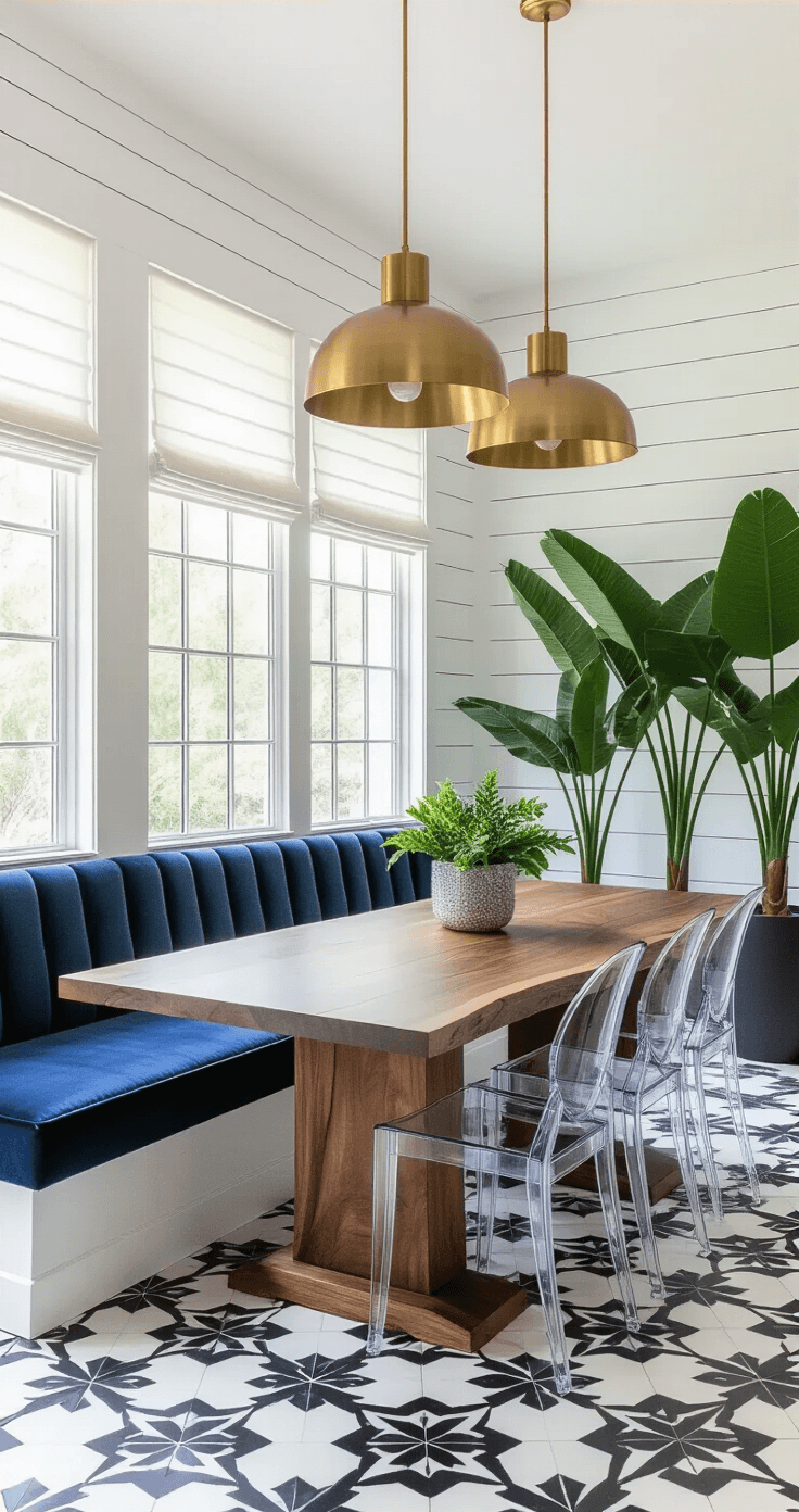Sunroom Design Ideas That'll Make You Never Want to Leave (And I'm Not Even Exaggerating) A dramatic low-angle view of a modern sunroom dining area featuring a navy velvet banquette and white shiplap walls, geometric black and white floor tiles, a live-edge walnut dining table with clear acrylic chairs, and varying heights of brass pendant lights, framed by large tropical plants in charcoal planters.