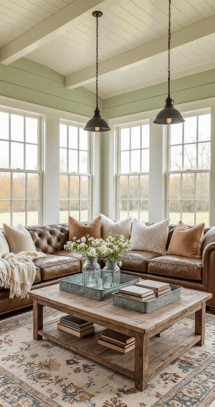 Sunroom Design Ideas That'll Make You Never Want to Leave (And I'm Not Even Exaggerating) Elevated view of a cozy farmhouse-style sunroom with a distressed leather sofa, reclaimed wood coffee table with vintage books and mason jar flowers, soft sage green walls with board-and-batten wainscoting, exposed white beams, layered textiles, and warm industrial pendant lighting.