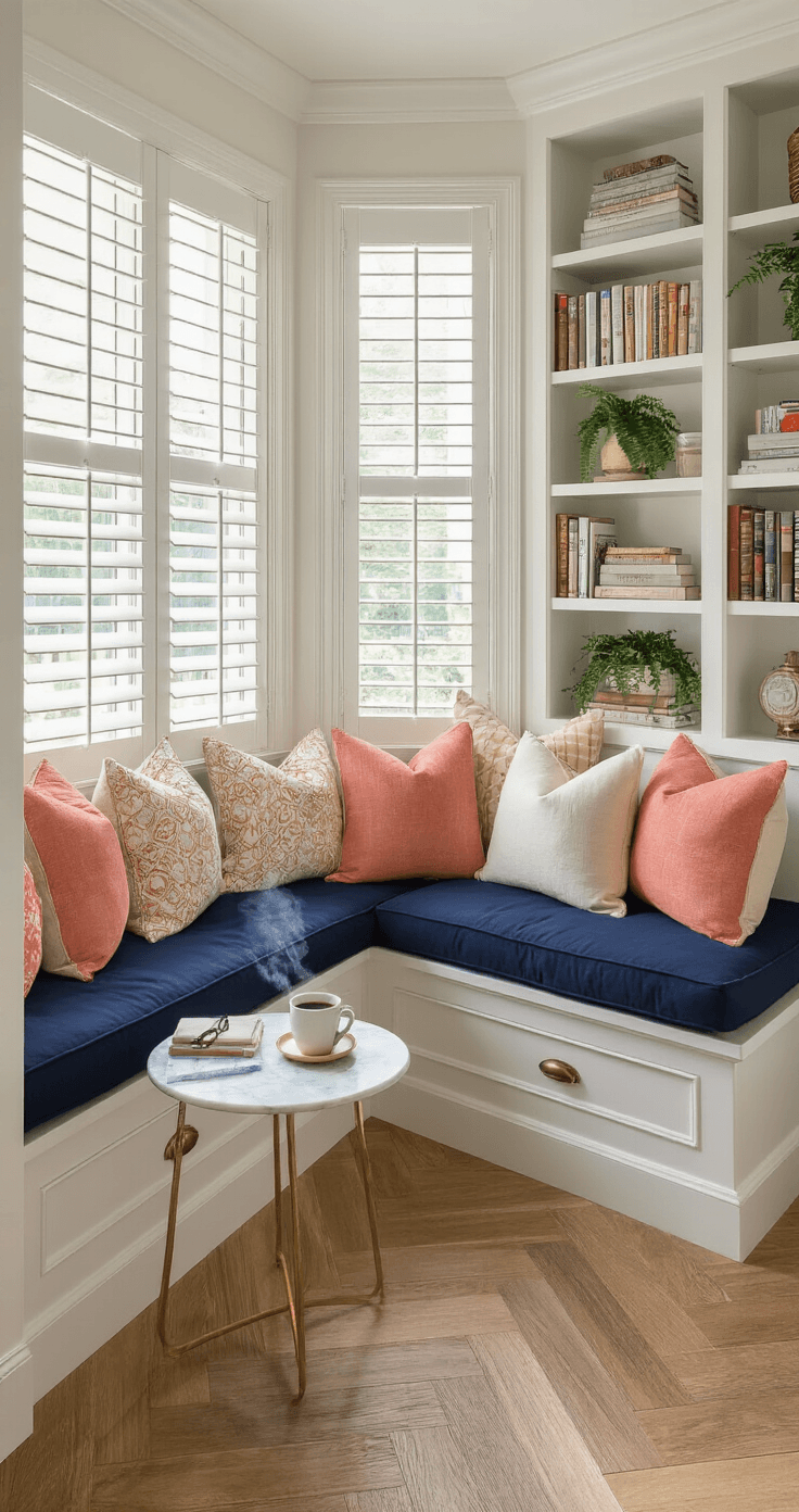 Sunroom Design Ideas That'll Make You Never Want to Leave (And I'm Not Even Exaggerating) Eye-level view of a cozy sunroom reading nook with a built-in corner window seat featuring navy cushions and coral, cream, and gold throw pillows. White built-in shelving displays books and decorative items, while herringbone luxury vinyl flooring in warm honey tones complements the scene. A round marble-topped table holds a steaming coffee mug and glasses, with gentle morning light filtering through white plantation shutters.