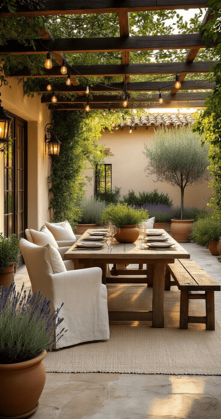 Outdoor Dining Area Inspiration: 47 Ideas That'll Make You Never Want to Eat Inside Again Photorealistic Mediterranean courtyard dining area featuring a rustic farmhouse table with mismatched seating, under a pergola with jasmine vines, illuminated by warm string lights during golden hour.