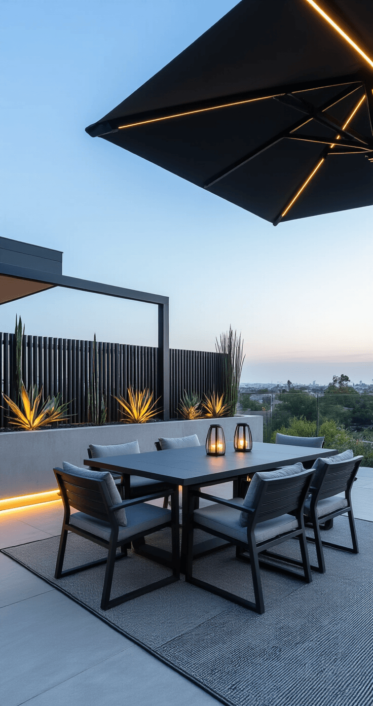 Outdoor Dining Area Inspiration: 47 Ideas That'll Make You Never Want to Eat Inside Again Contemporary minimalist patio dining space at twilight, featuring a sleek charcoal aluminum table and matching chairs with grey cushions, a black cantilever umbrella, geometric concrete planters with succulents and bamboo, LED strip lighting under the table, large grey porcelain tile flooring with a black geometric rug, and a wooden console against a privacy screen with modern lanterns, captured from a low angle with dramatic side lighting emphasizing clean lines and textures.