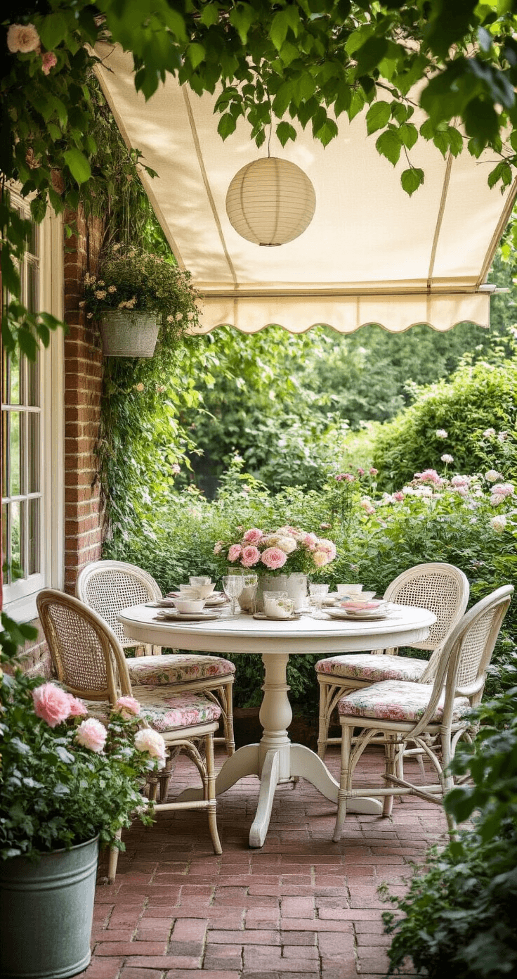 Outdoor Dining Area Inspiration: 47 Ideas That'll Make You Never Want to Eat Inside Again Cozy garden dining nook with a distressed white table and mismatched vintage chairs, surrounded by blooming roses and hydrangeas in galvanized pots, under a cream canvas awning and fairy lights, creating a romantic atmosphere in soft morning light.